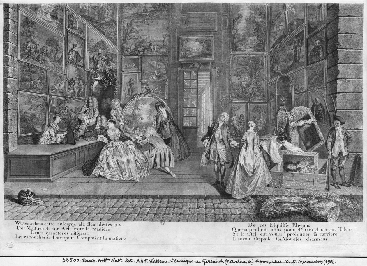 Obchodní značka Gersaint, vyrytá Pierrem Avelinem (asi 1656-1722) kolem roku 1720 od Jean Antoine Watteau