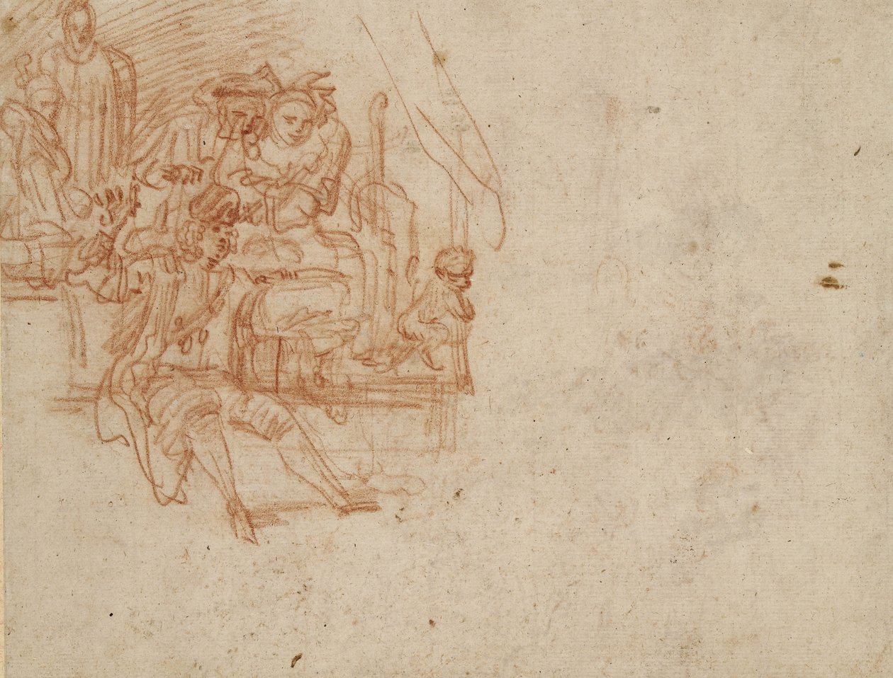 Verso; Quack Doctor sedí na pódiu a prodává své zboží (červená křída na papíře) od Jean Antoine Watteau