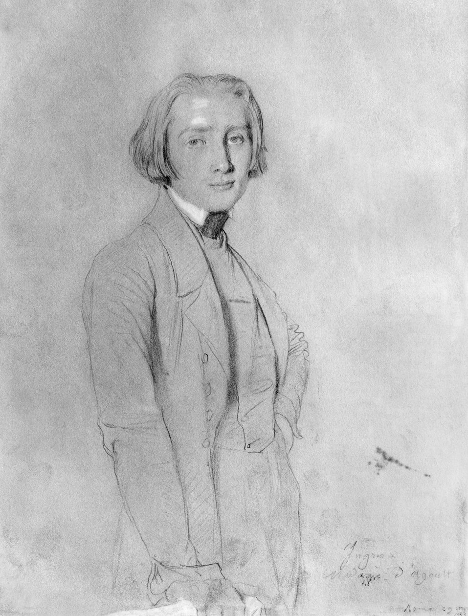 Franz Liszt (1811-86) Řím, 29. května 1839 (grafit a bílé odlesky na papíře) od Jean Auguste Dominique Ingres