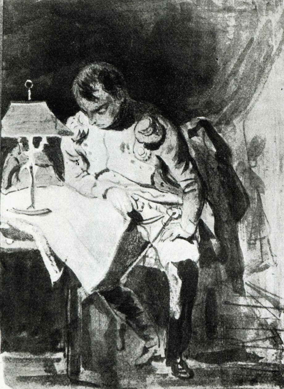 Napoleon studuje své mapy ve světle lampy, kolem roku 1800 (indický inkoust) od Jean Auguste Dominique Ingres