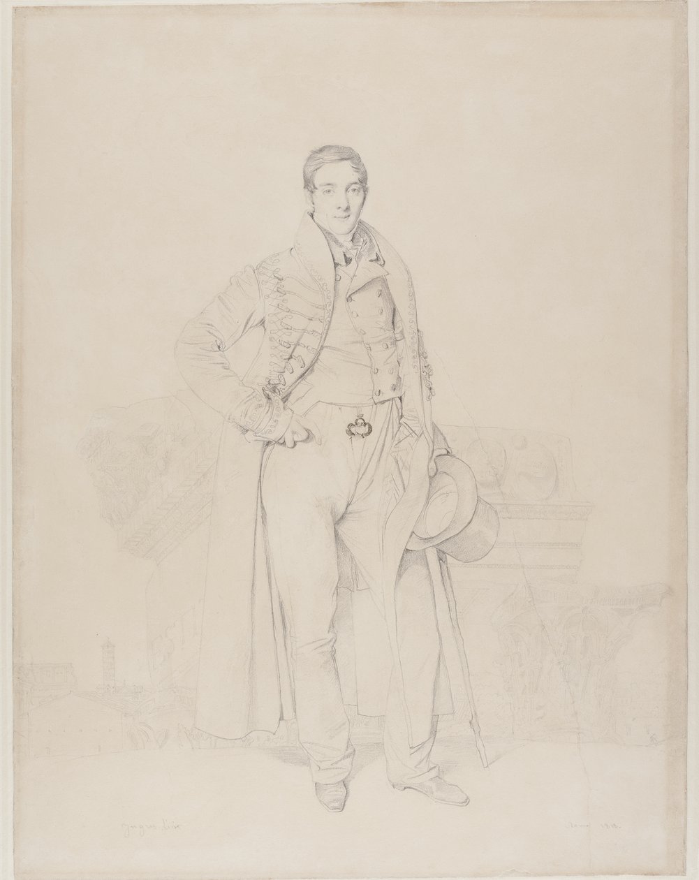 Portrét architekta Alexandra Bénarda, celovečerní, s fragmenty klasických hlavic, Forum Romanum za nimi, 1818 (grafit a tělová barva na krémově tkaném papíře) od Jean Auguste Dominique Ingres