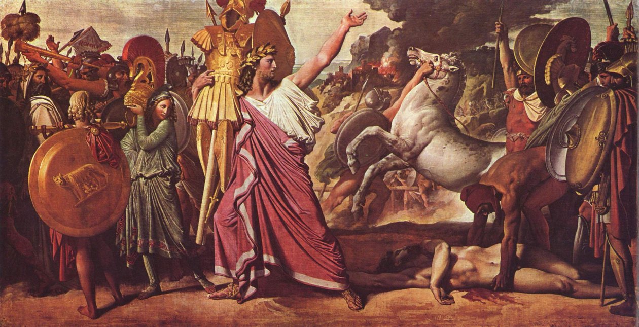 Romulus, vítěz u Akronu, nese bohatou kořist do Diova chrámu. od Jean Auguste Dominique Ingres