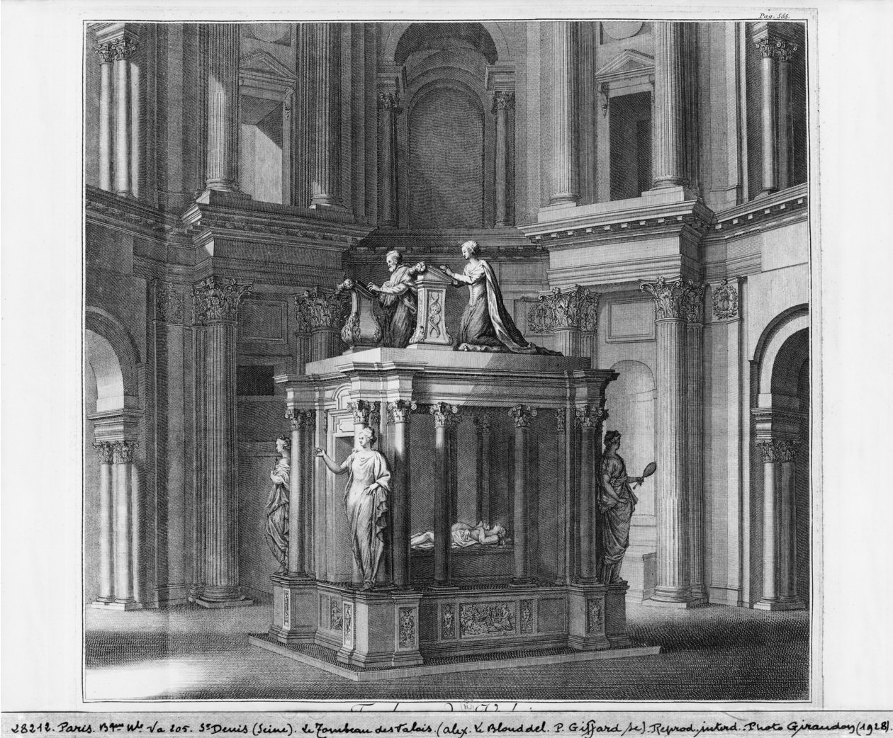 Hrob Henriho II. a Kateřiny Medicejské v mauzoleu Valois, ilustrace z „Histoire de l