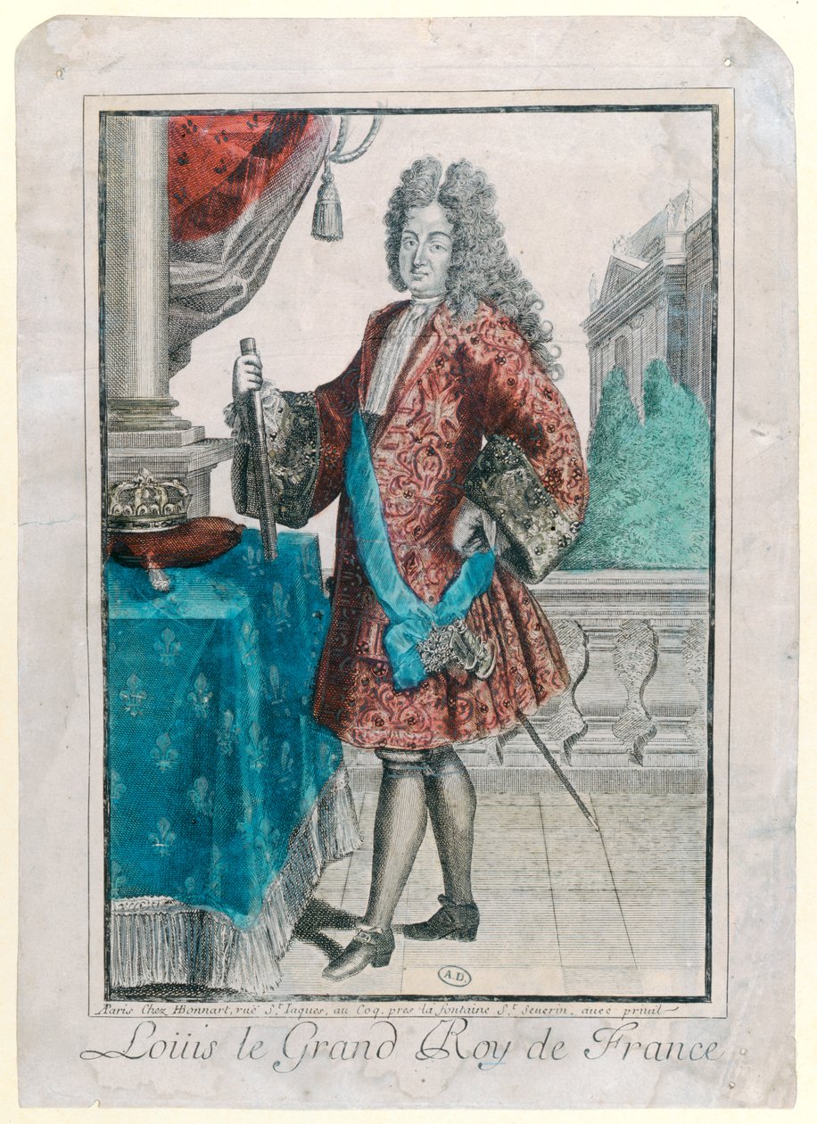 Ludvík XIV. (1638-1715) francouzský král, 1695 (ručně kolorovaná rytina) od Jean Baptiste Bonnart
