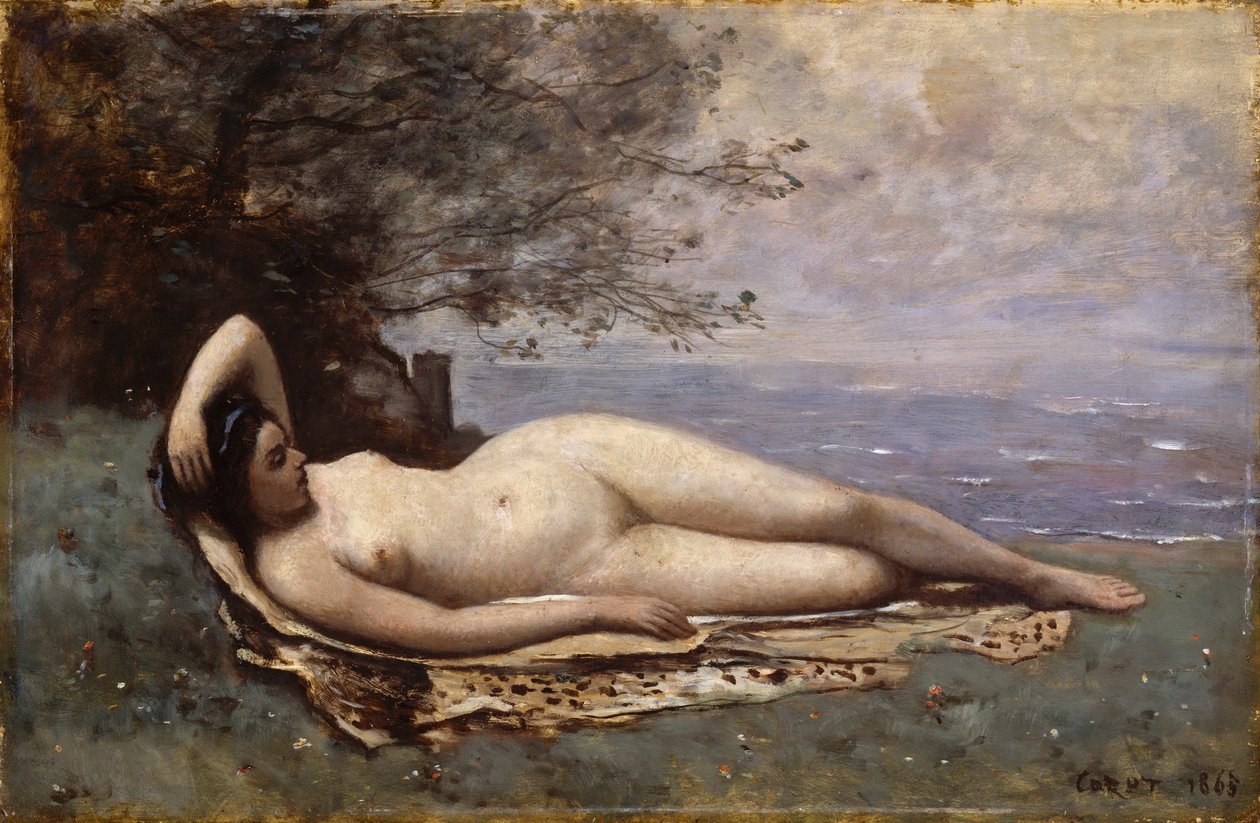 Bacchante u moře od Jean Baptiste Camille Corot