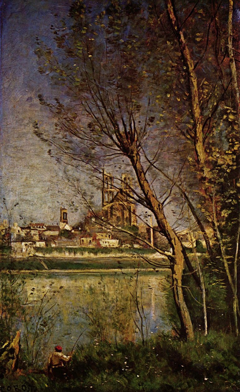 Katedrála v Mantes s rybářem od Jean-Baptiste-Camille Corot