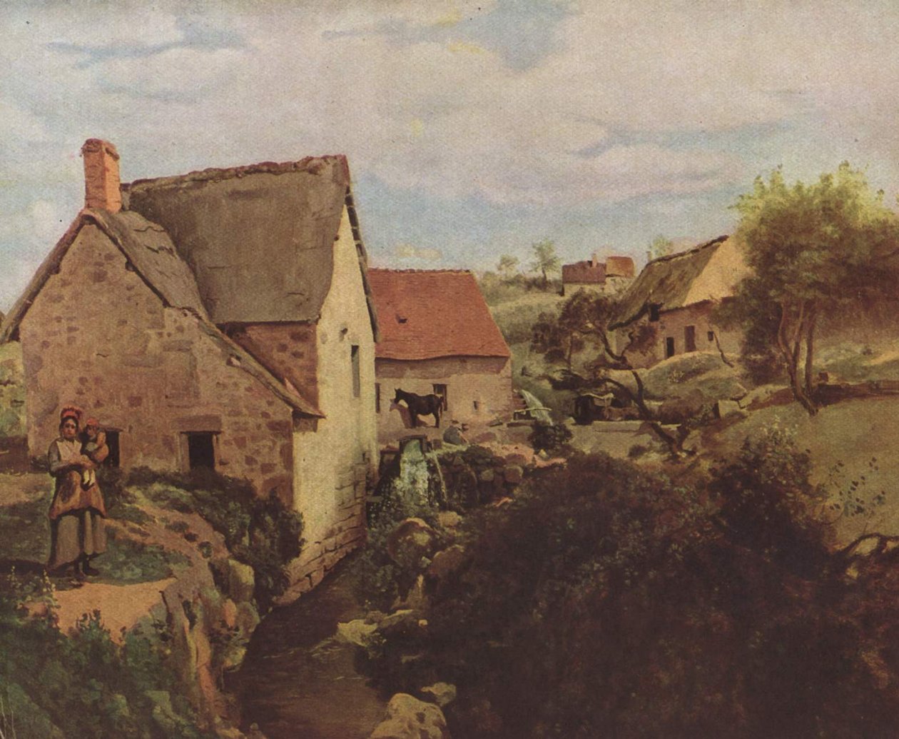 Chaty a mlýn na břehu potoka od Jean Baptiste Camille Corot