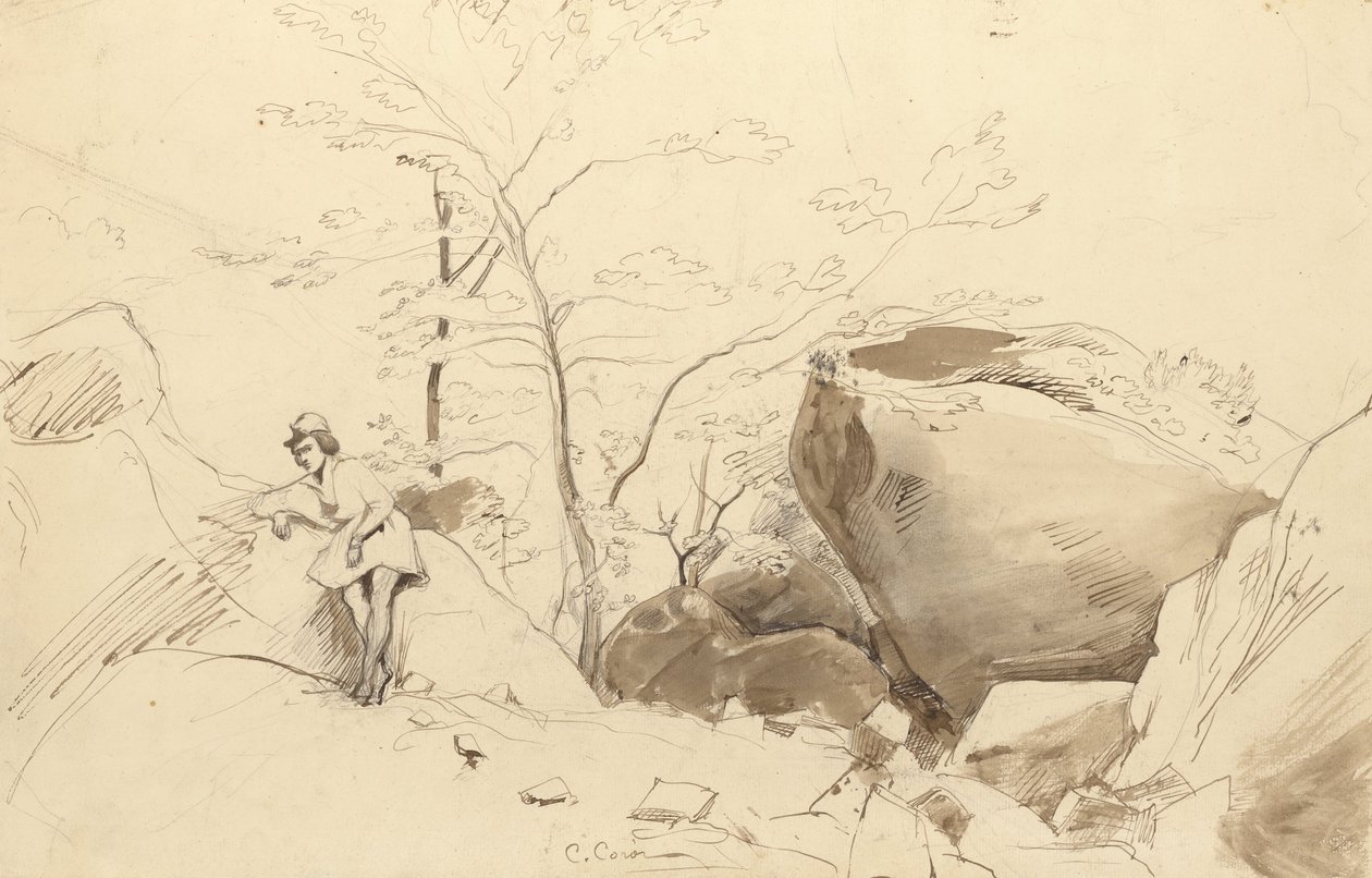 Fontainebleau, postava opřená o skálu od Jean Baptiste Camille Corot
