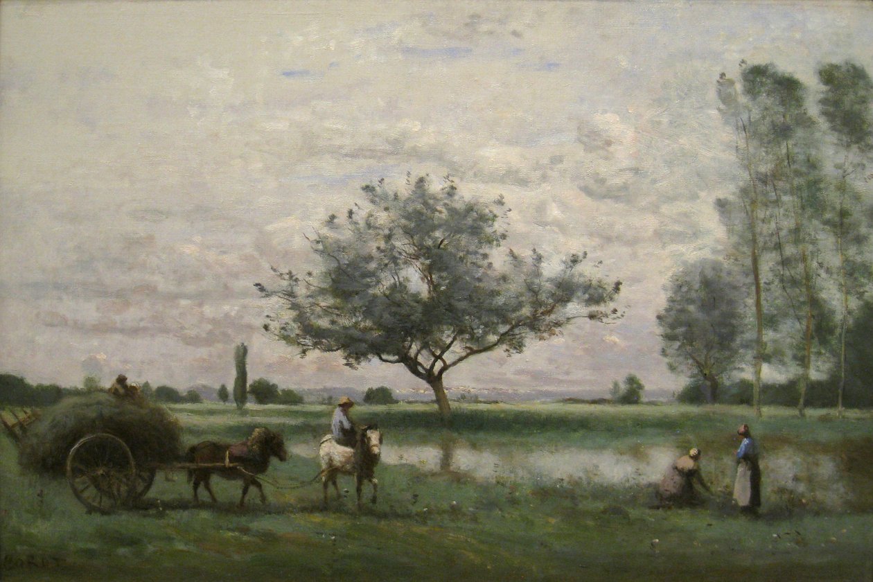 Vozík na seno podél řeky od Jean Baptiste Camille Corot