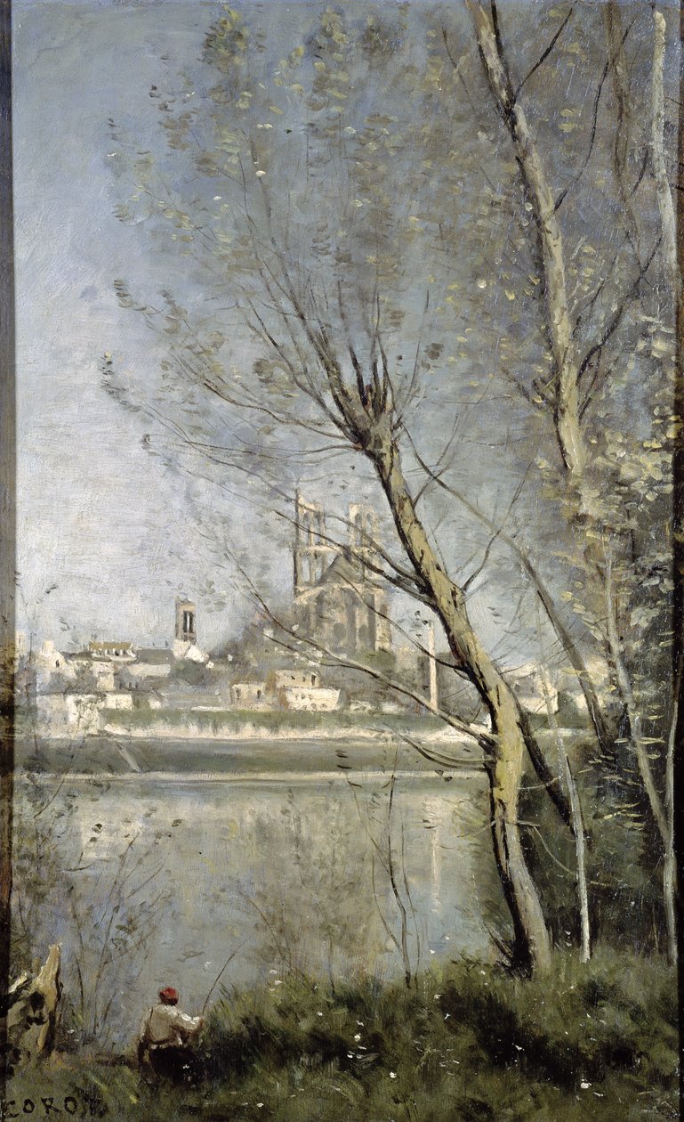 Mantes, Pohled na katedrálu a město skrz stromy, c.1865-70 od Jean Baptiste Camille Corot