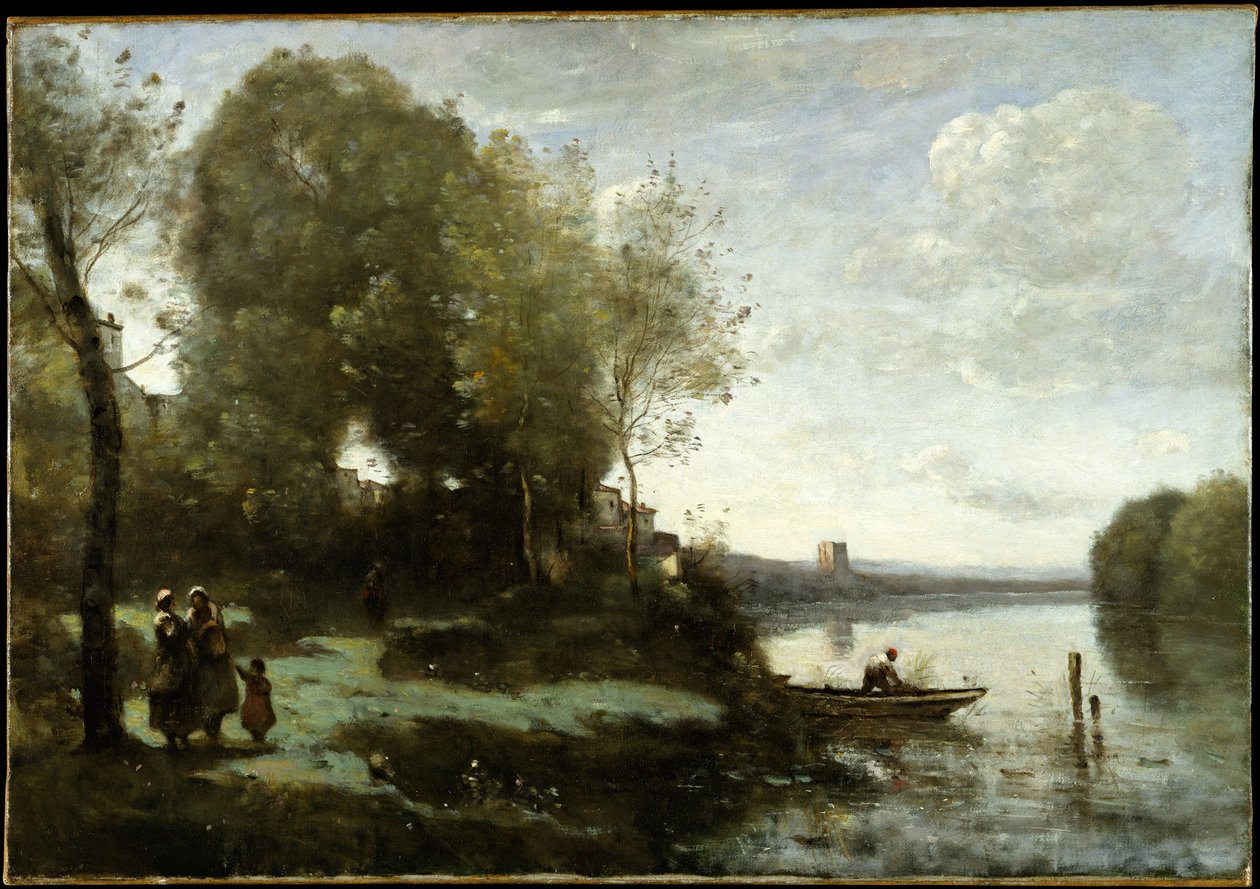 Řeka se vzdálenou věží od Jean Baptiste Camille Corot