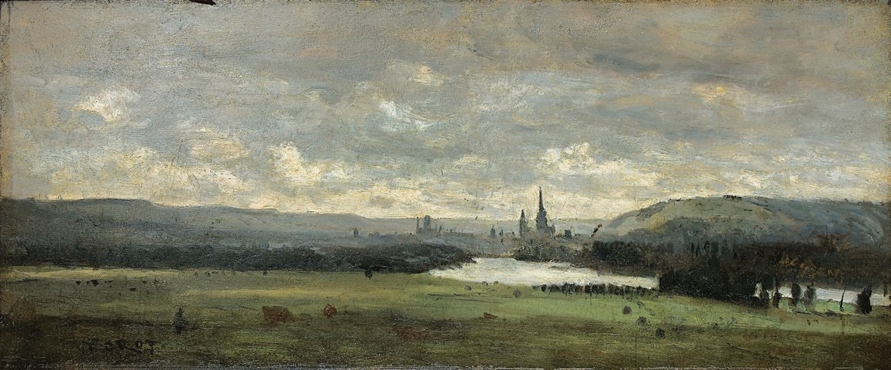 Rouen, panoramatický výhled na Seinu v popředí od Jean Baptiste Camille Corot