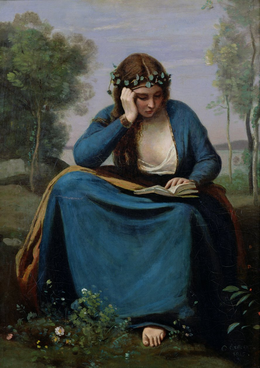 Čtenář korunovaný květinami aneb Virgilova múza, 1845 od Jean Baptiste Camille Corot