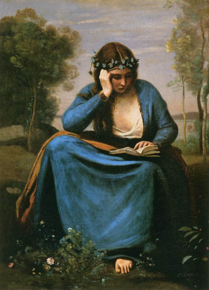 Čtenář ověnčený květinami od Jean Baptiste Camille Corot