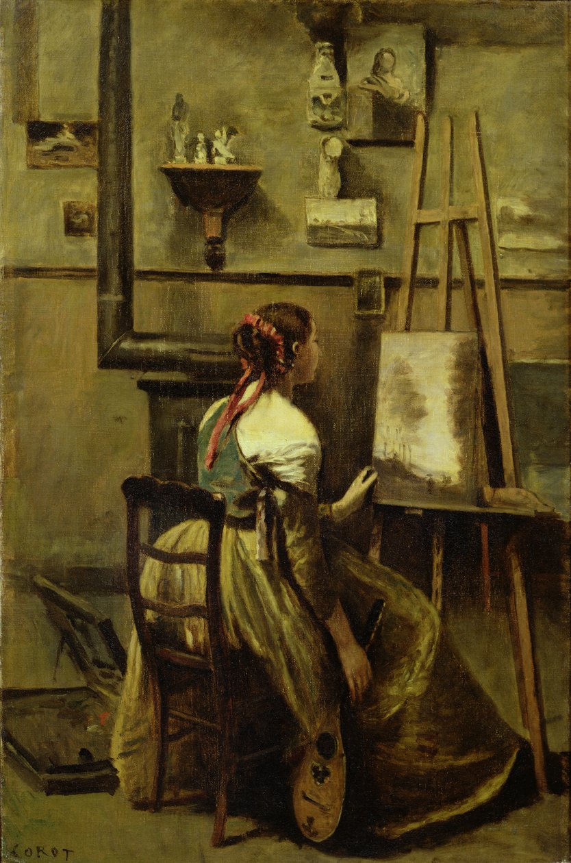 Studio Corot, nebo Mladá žena sedící před stojanem, 1868-70 od Jean Baptiste Camille Corot