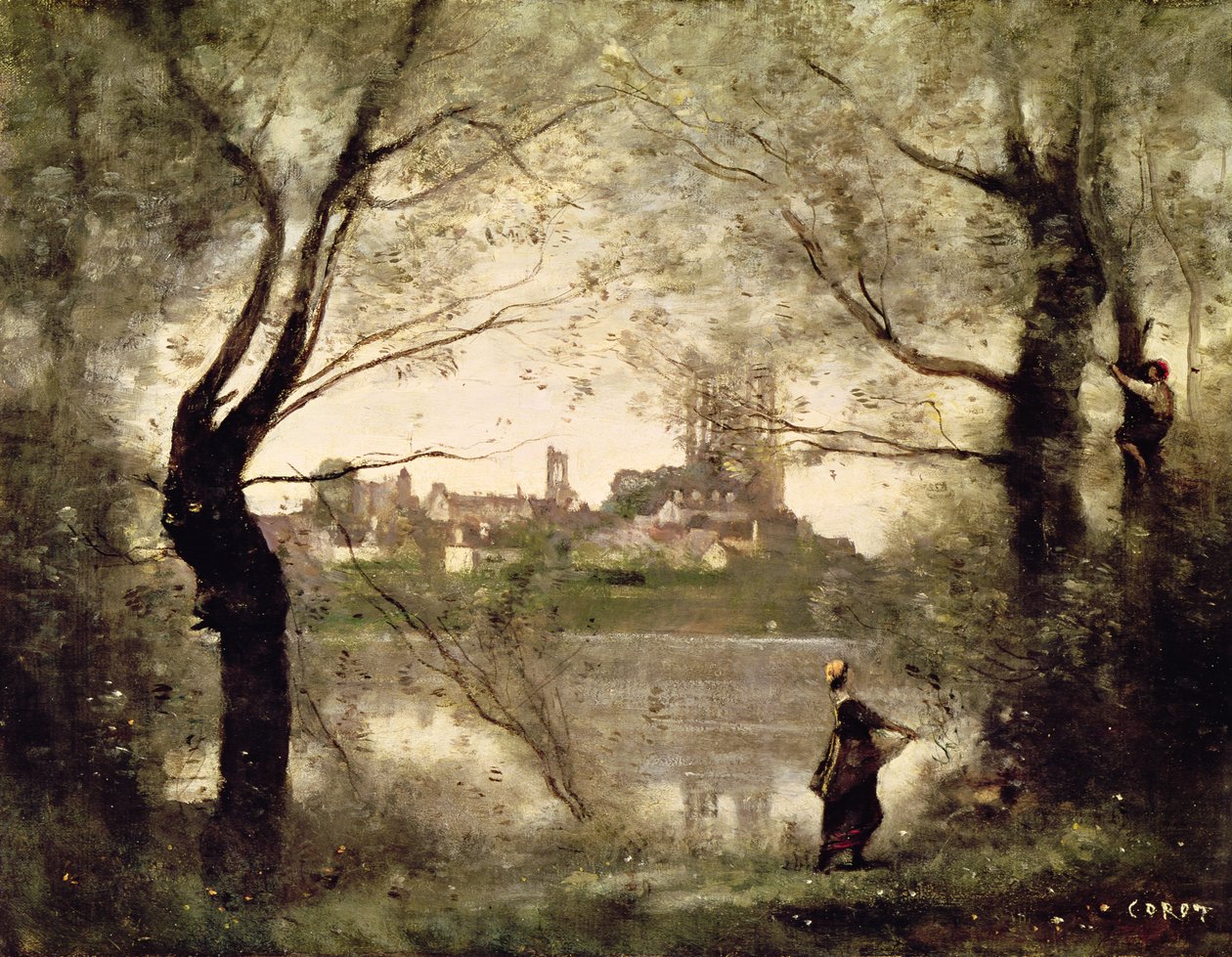 Pohled na město a katedrálu Mantes skrz stromy, večer od Jean Baptiste Camille Corot