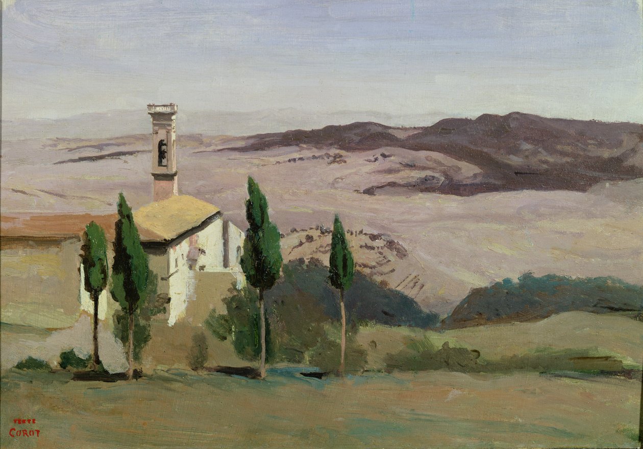 Volterra, kostel a zvonice, 1834 od Jean Baptiste Camille Corot