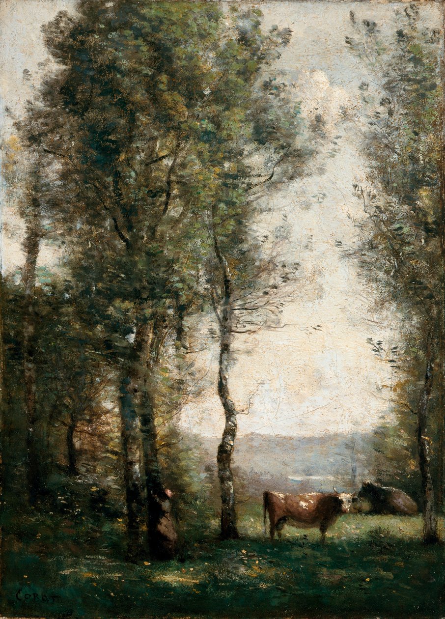 Zalesněná krajina s kravami na mýtině od Jean Baptiste Camille Corot