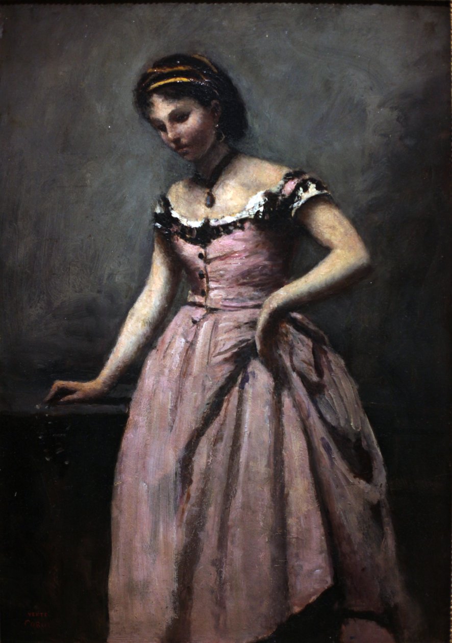 Mladá žena v růžových šatech od Jean Baptiste Camille Corot