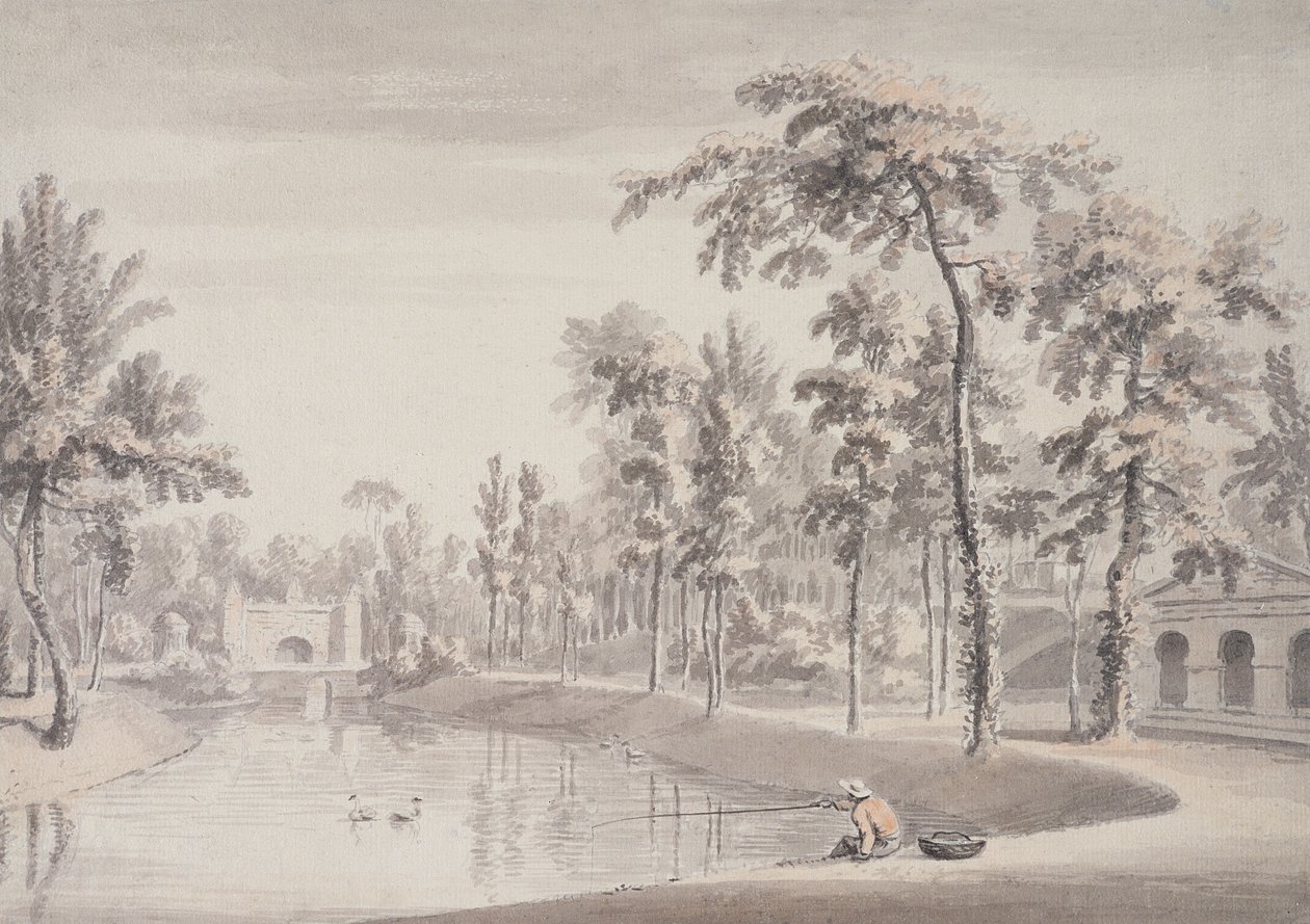 Grotto and the Temple of Contemplation, Stowe, 1752 (pero a inkoust s přemývaným grafitem na papíře) od Jean Baptiste Claude Chatelain