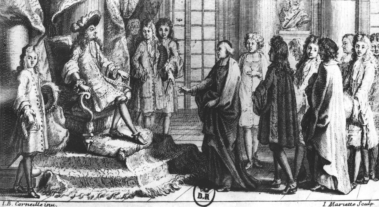 Členové Francouzské akademie představující slovník Ludvíku XIV (1638-1715) v roce 1694, vyrytý Jean Mariette (1660-1742) od Jean Baptiste Corneille