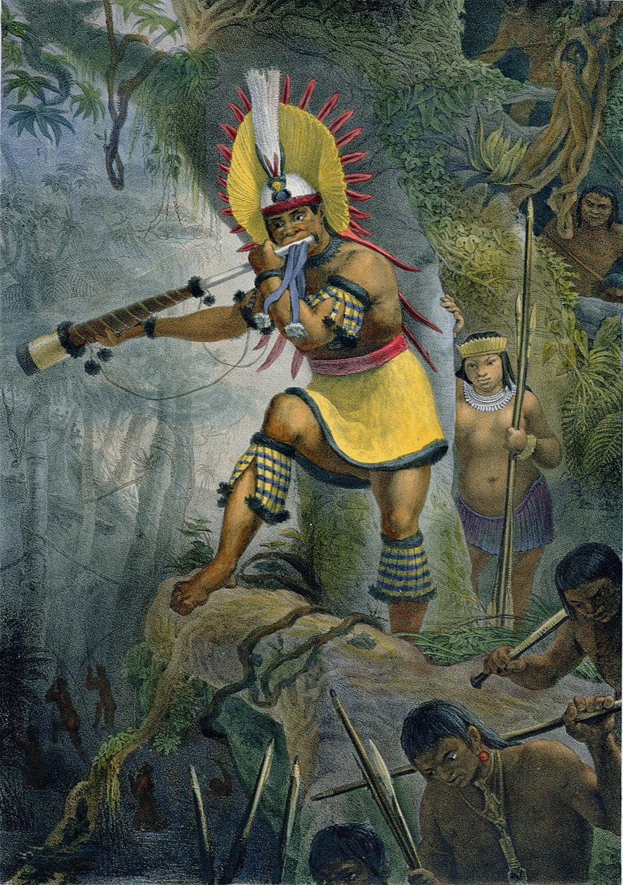 Indián Coroado dává signál k útoku, ilustrace z „Voyage Pittoresque et Historique au Bresil“ od Jean-Baptiste Debreta (1768-1848), vydané v Paříži, 1839 od Jean Baptiste Debret