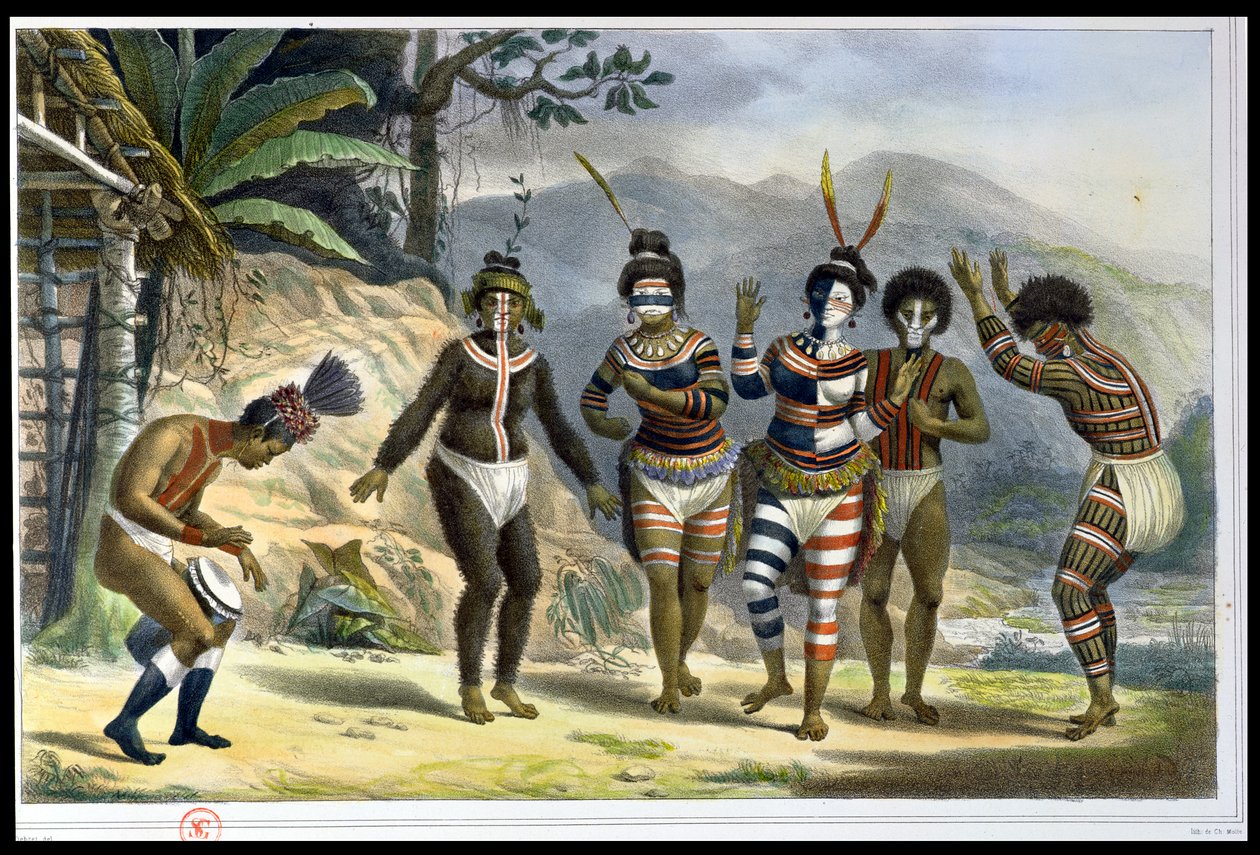 Indiáni tančící v San Jose Mission, z „Voyage Pittoresque et Historique au Bresil“, vyrytý Charles Etienne Pierre Motte (1785-1836), vydaný v roce 1839 od Jean Baptiste Debret