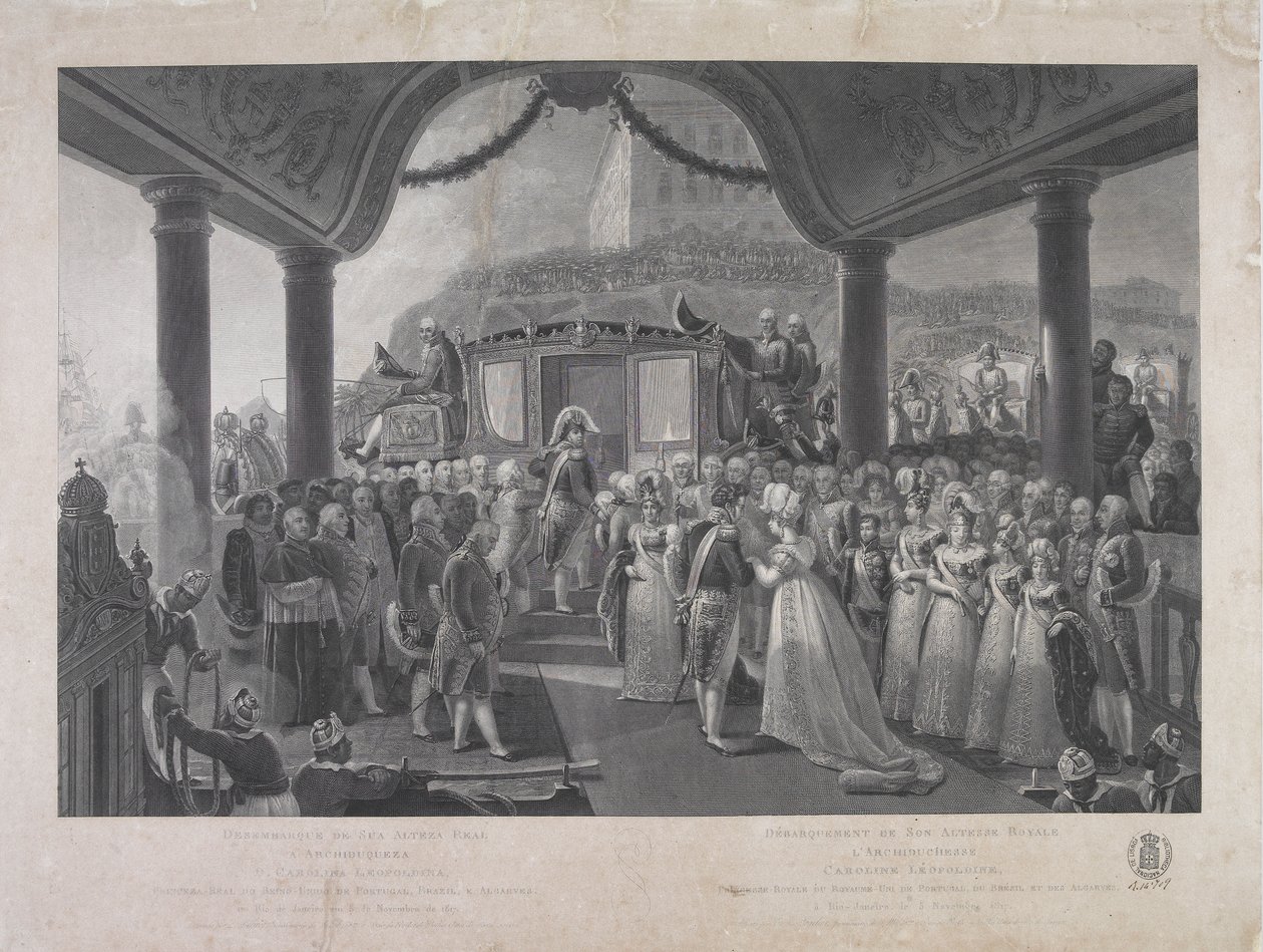 Přistání výsosty arcivévodkyně D. Caroliny Leopoldiny, princezny královské Spojeného království Portugalska, Brazílie a Algarves, v Rio de Janeiru dne 5. listopadu 1817 od Jean Baptiste Debret