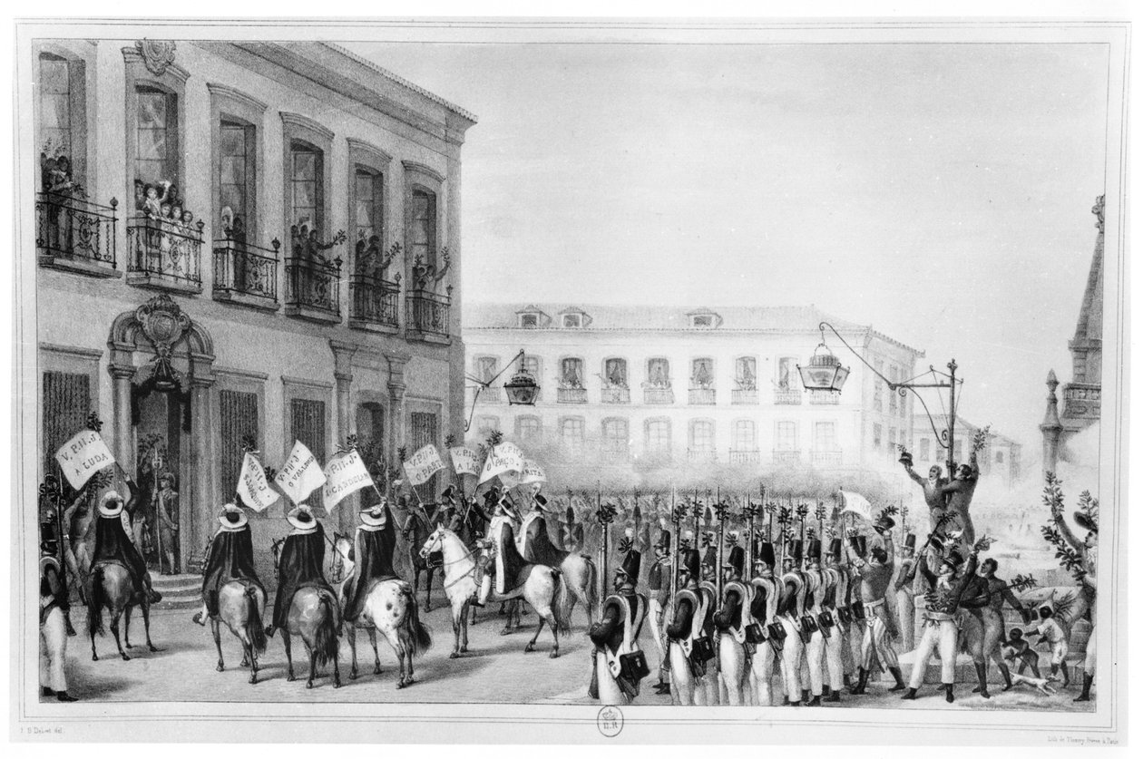 Aklamace brazilského císaře Pedra I. (1798-1834), Rio de Janeiro, 7. dubna 1831, ilustrace z "Voyage Pittoresque et Historique au Bresil", Paříž, 1835. od Jean Baptiste Debret