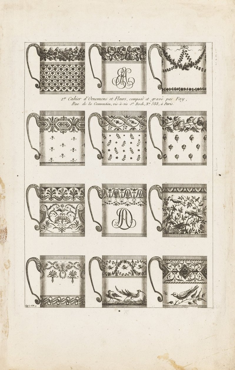 Návrhy na čokoládové poháry, talíř 1 od 1st Cahier dOrnemens et Fleurs od Jean Baptiste Fay