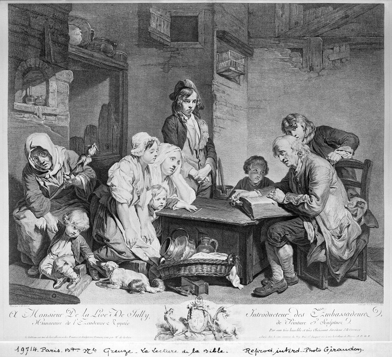 Čtení z bible, vyryté Pieter Franciscus Martenisie nebo Martinasie (1729-89) 1759 od Jean Baptiste Greuze