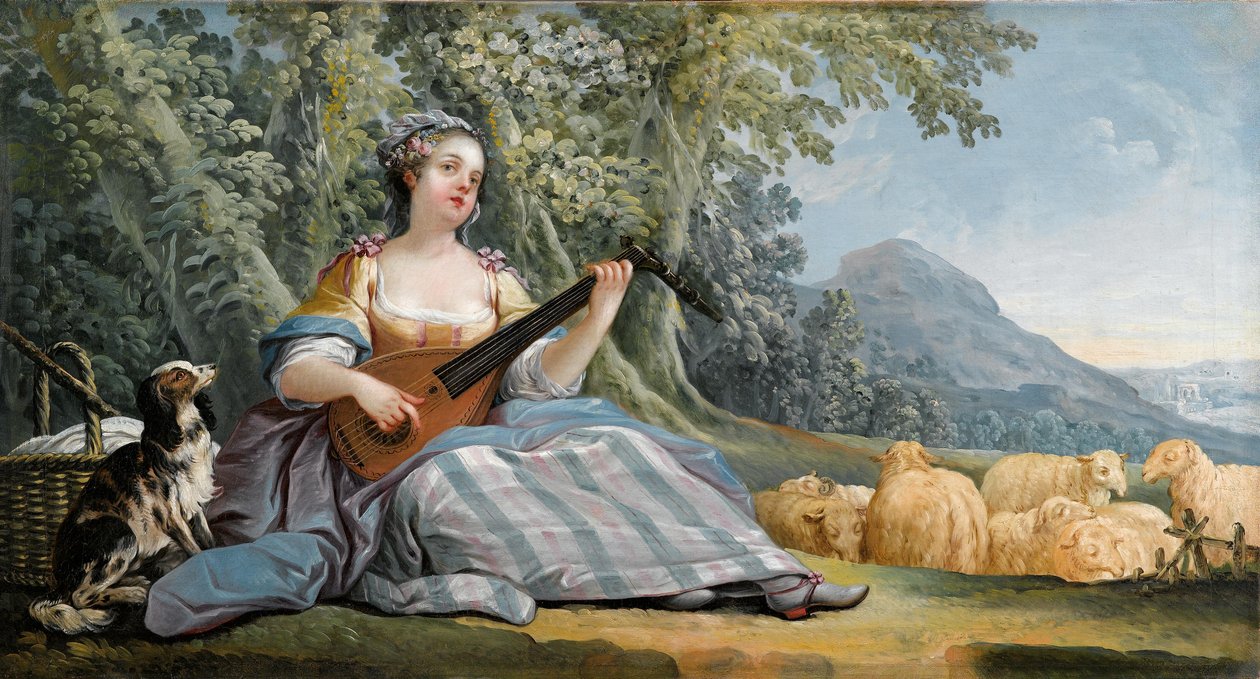 Pastýřka hrající na mandolínu od Jean Baptiste Huet