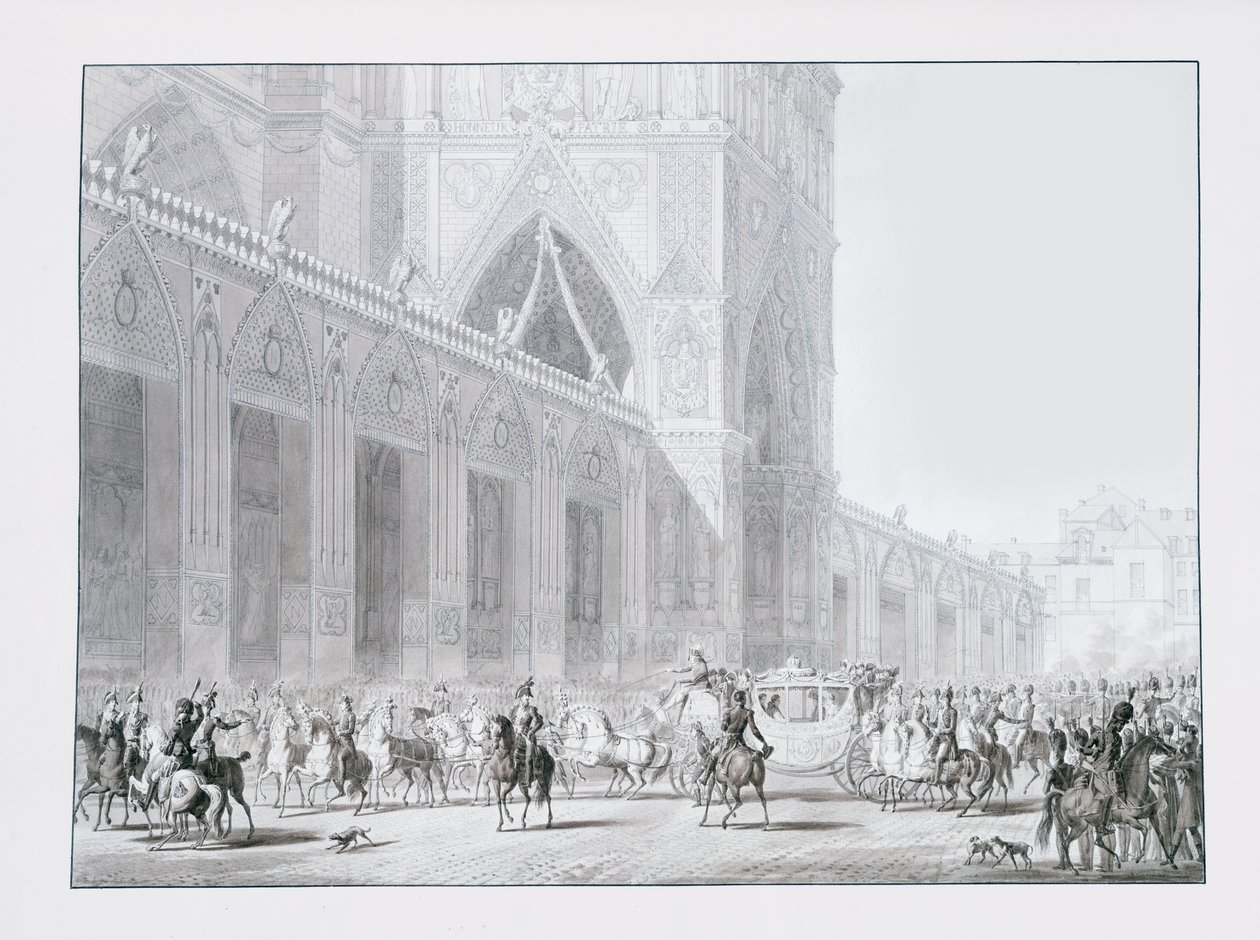 Příjezd do katedrály Notre-Dame v Paříži císaře Napoleona I. a císařovny Josefíny na jejich korunovaci 2. prosince 1804, ilustrace z „Livre du Sacre“, vydané v Paříži, 1804-15 (rytina od Jean Baptiste Isabey