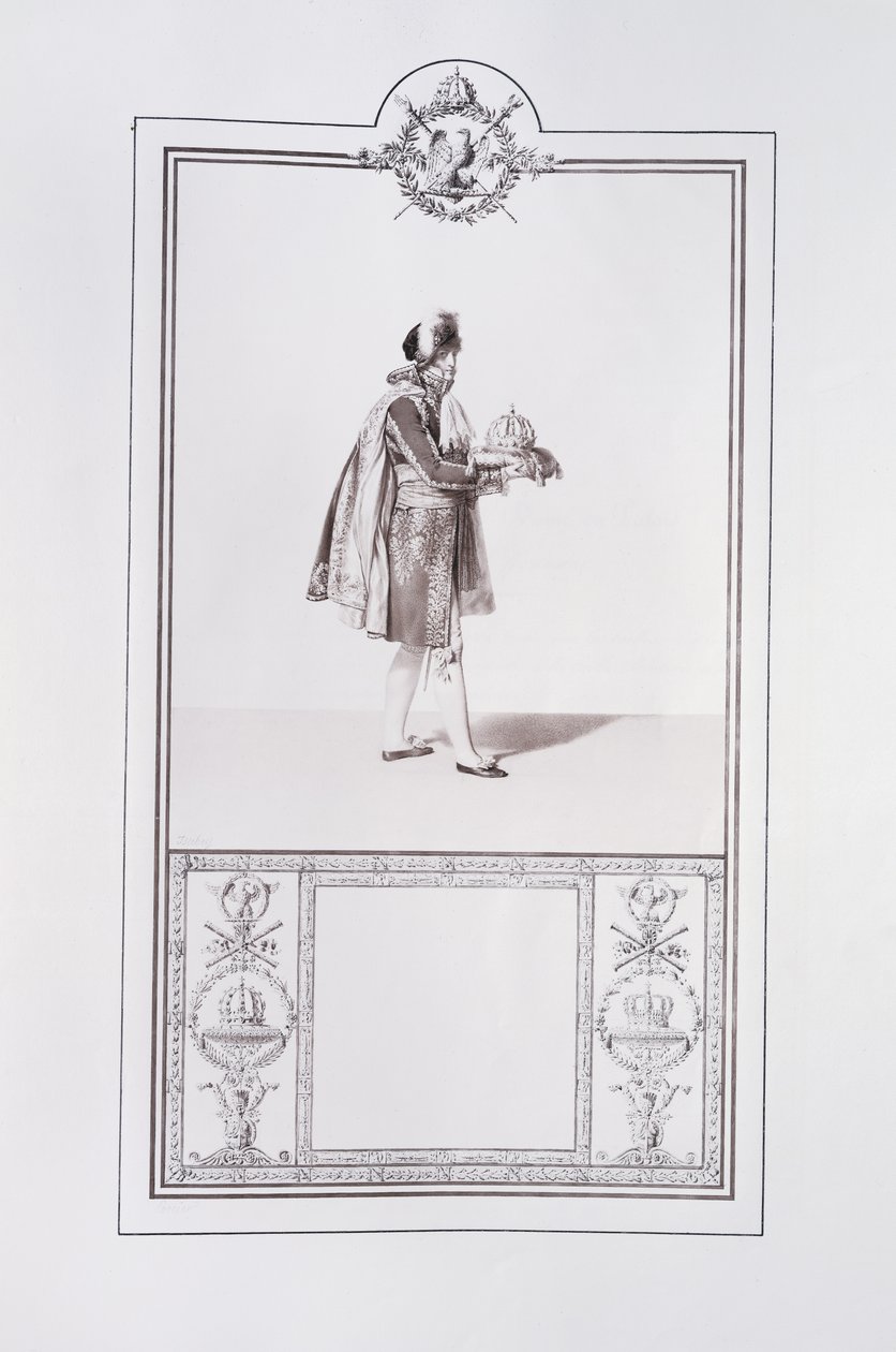 Kostým francouzského prince pro korunovaci císaře Napoleona I. a císařovny Josefíny v Paříži dne 2. prosince 1804, ilustrace z „Livre du Sacre“, vydané v Paříži, 1804-15 od Jean Baptiste Isabey