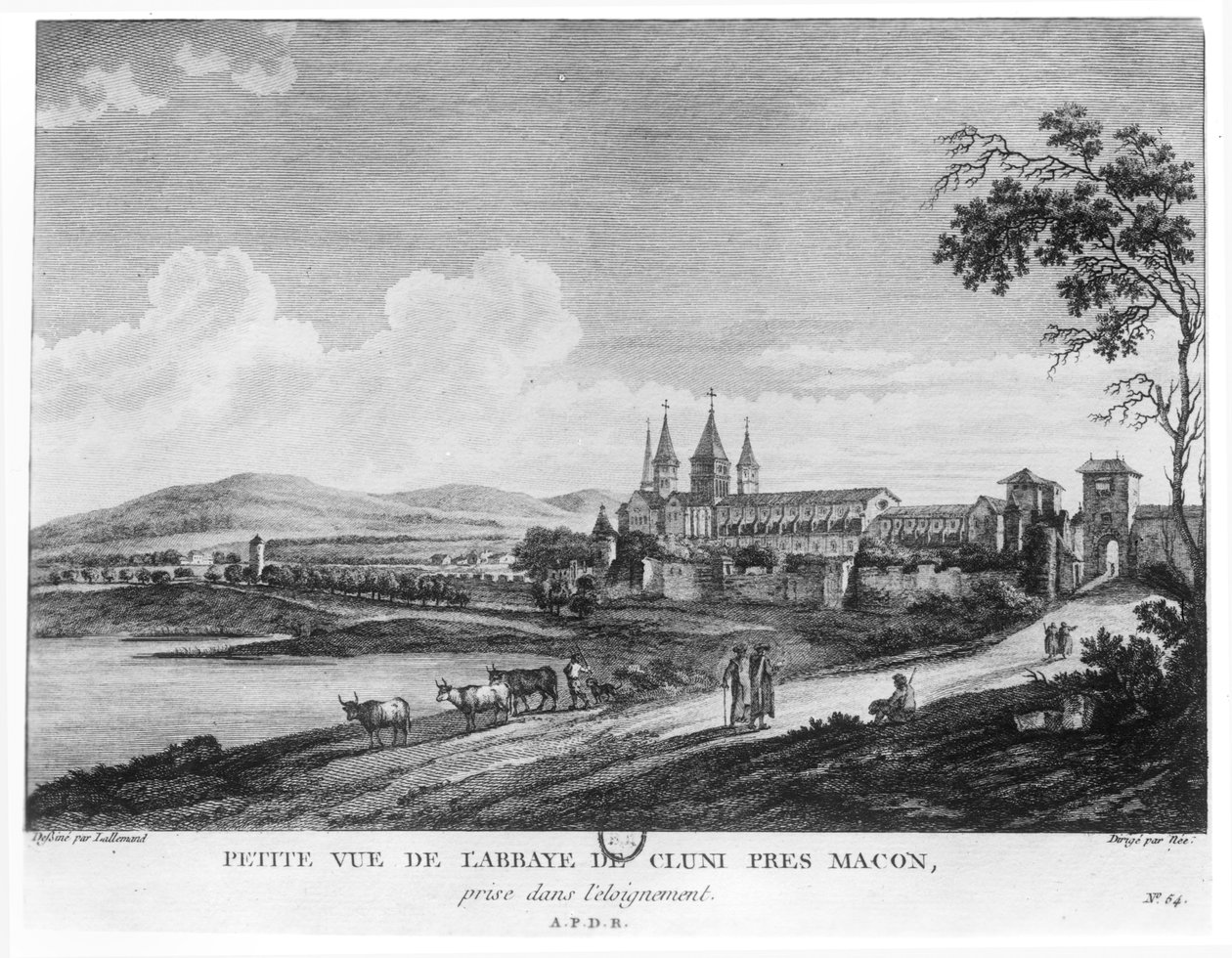 Pohled na opatství Cluny, z „Voyage Pittoresque de la France“ vyrytý pod vedením Francoise Denise Nee (1732-1817), publikováno 1787 od Jean Baptiste Lallemand
