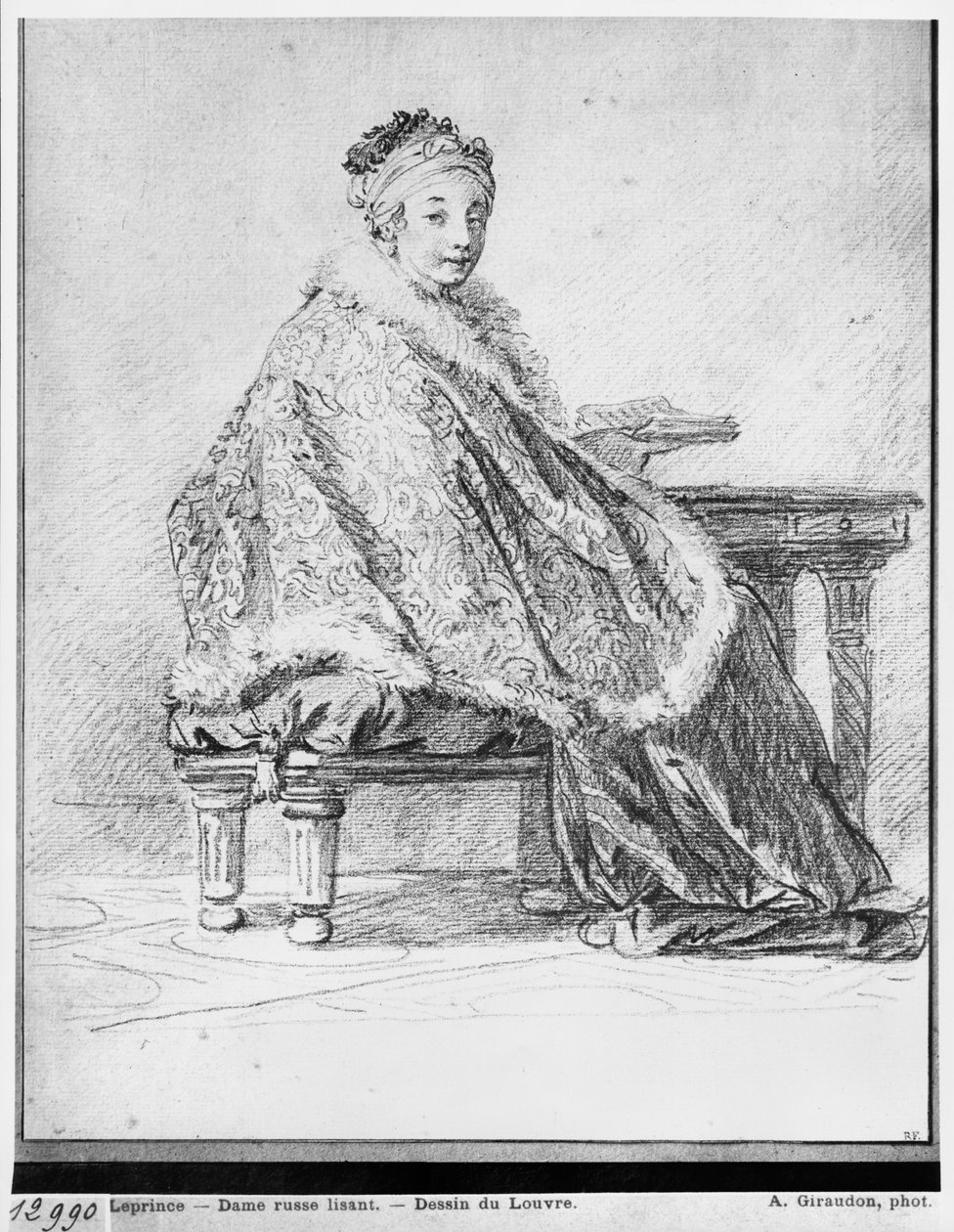 Ruská žena u stolu s knihou v ruce (pierre noire und redchalk na papíře) od Jean Baptiste Leprince