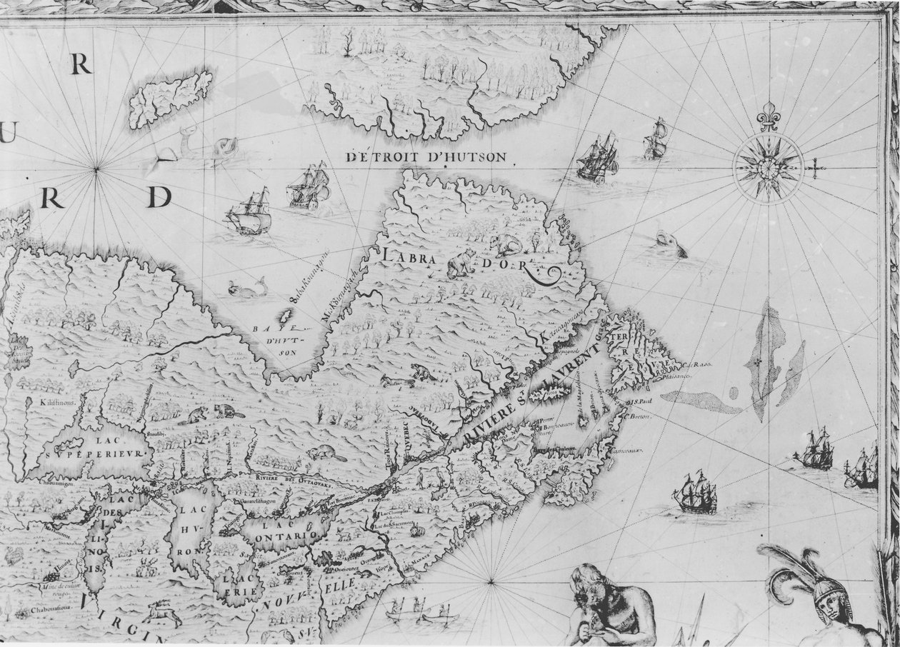 Mapa Nové Francie věnovaná Colbertovi od Duchesneau, Intendant, 1681 (detail) (viz také 164768) od Jean Baptiste Louis Franquelin