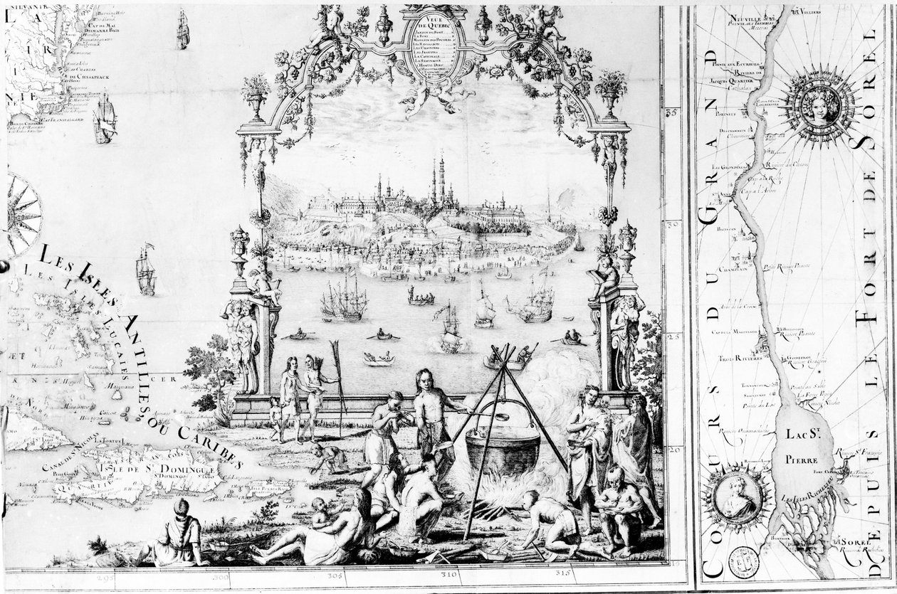 Pohled na Quebec, kartuše mapy zobrazující řeku svatého Vavřince ze Sorelu, 1699 od Jean Baptiste Louis Franquelin