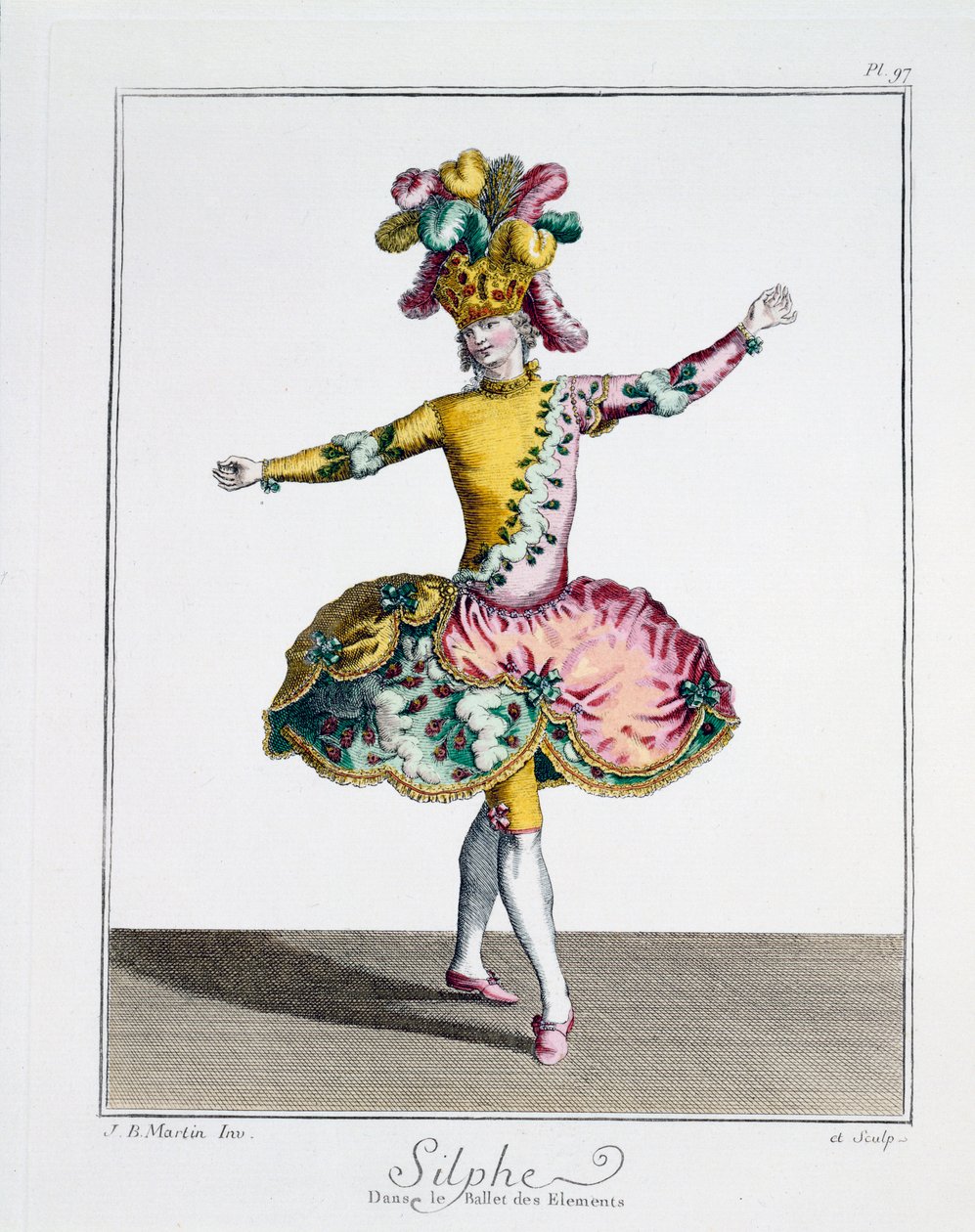 Návrh kostýmu pro Silfe v Baletu živlů, konec 18. století (ručně kolorovaná rytina) od Jean Baptiste Martin