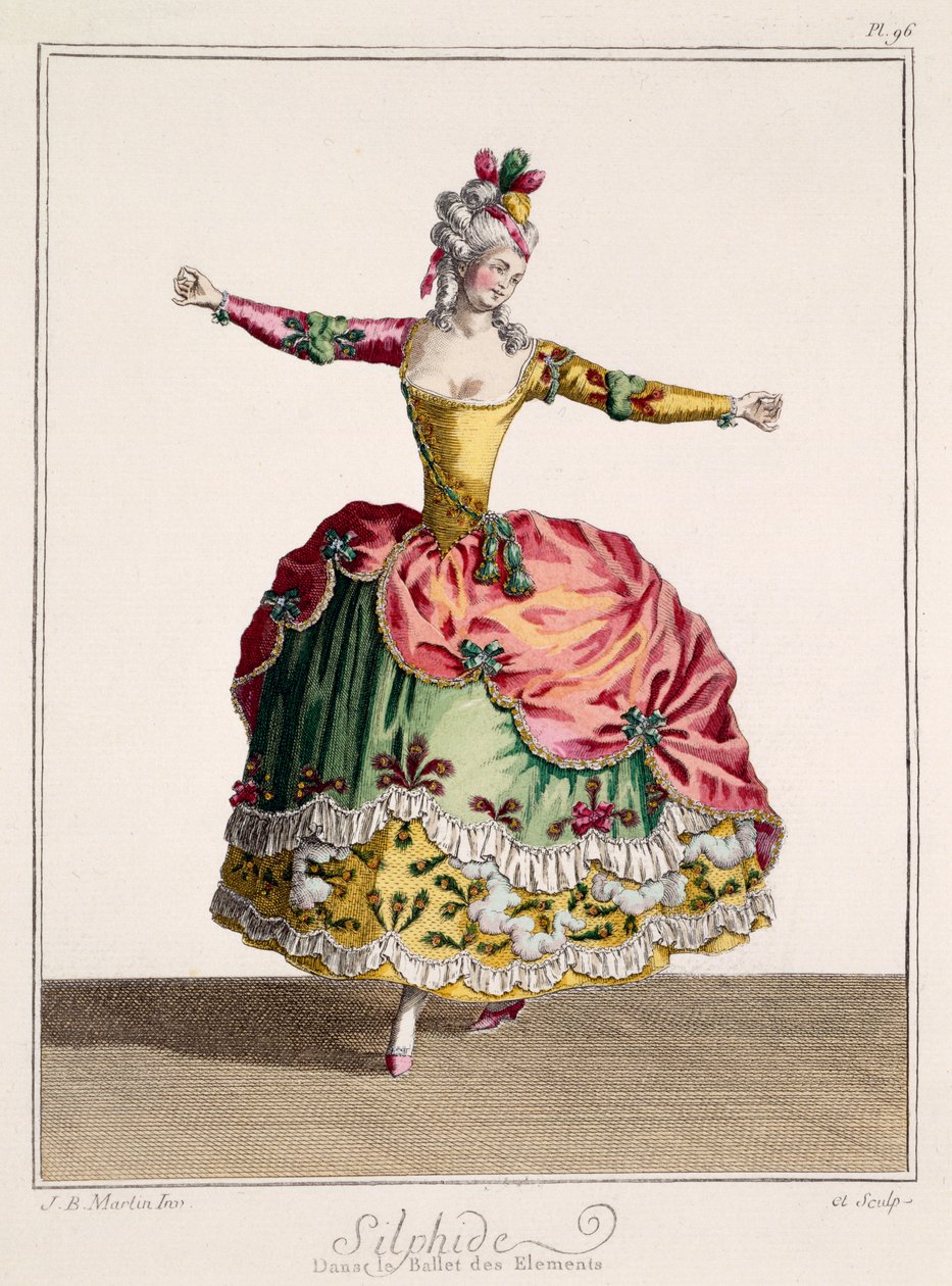 Kostýmní návrh pro Sulphide v Balet of the Elements, konec 18. století (ručně kolorovaná rytina) od Jean Baptiste Martin