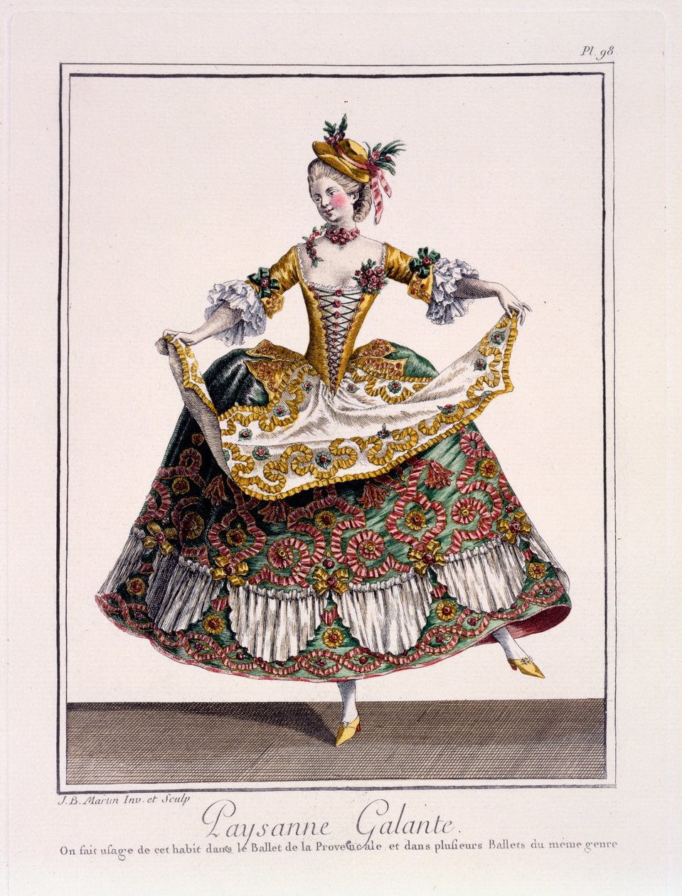 Kostým něžné selky, konec 18. století (ručně kolorovaná rytina) od Jean Baptiste Martin