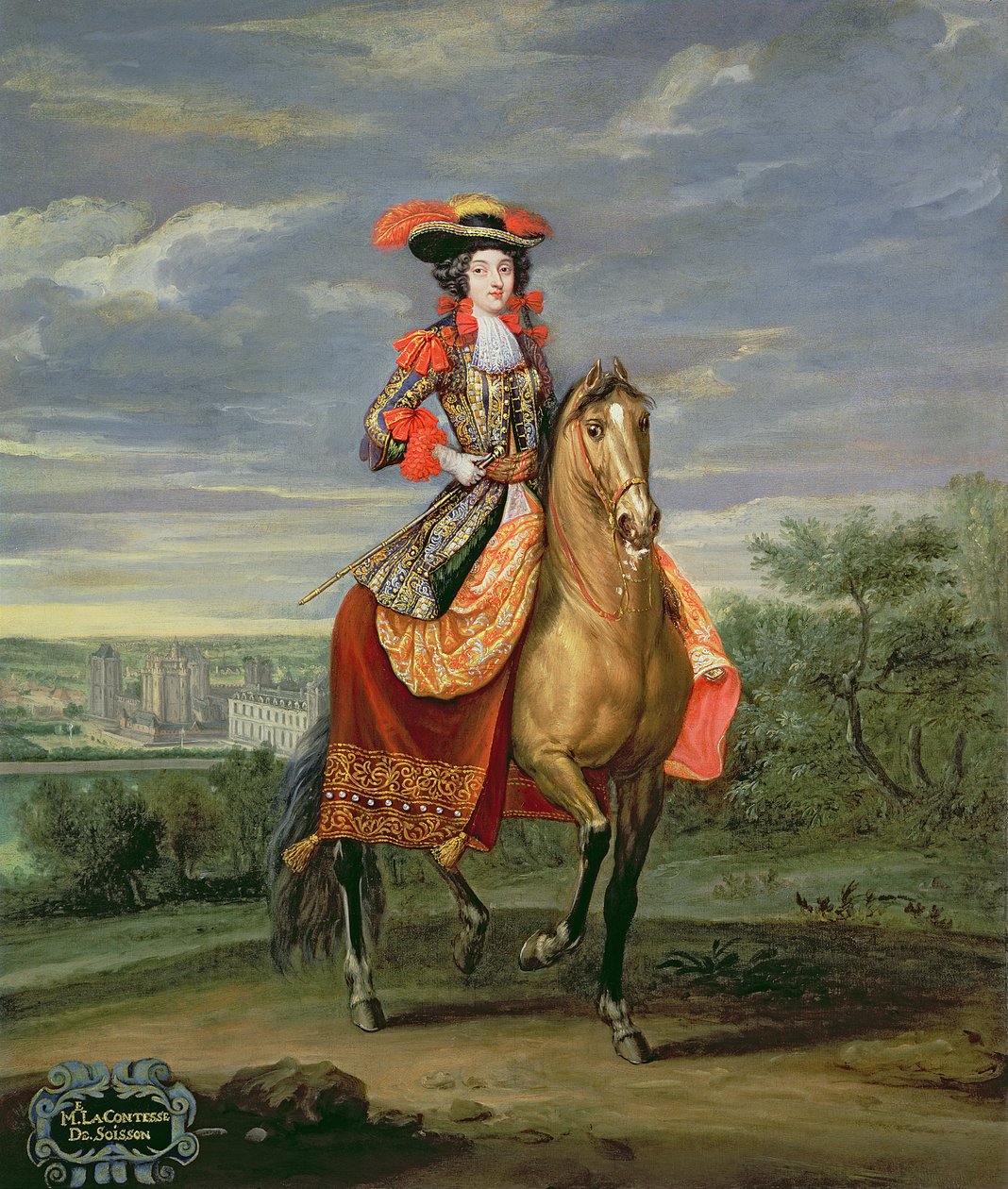 La Comtesse de Soissons Jízda na koni s výhledem na Chateau de Vincennes od Jean Baptiste Martin