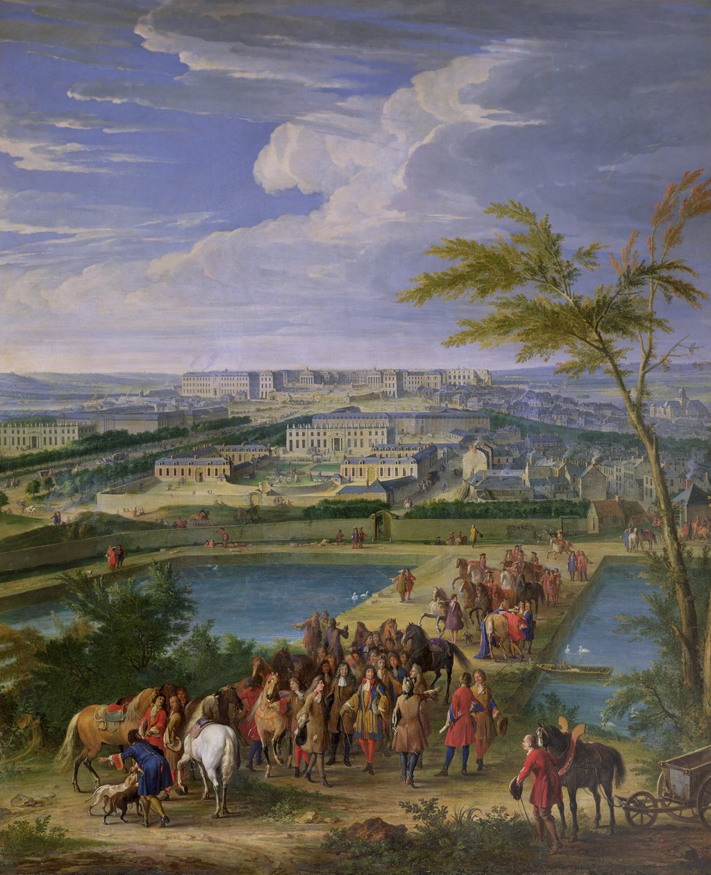 Město a zámek Versailles z Butte de Montboron, kde Ludvík XIV. (1638-1715) s Louvoisem, Mansartem a Le Notre viděli, jak voda přichází ze stroje Marly do nádrží, 1688 (oi od Jean Baptiste Martin