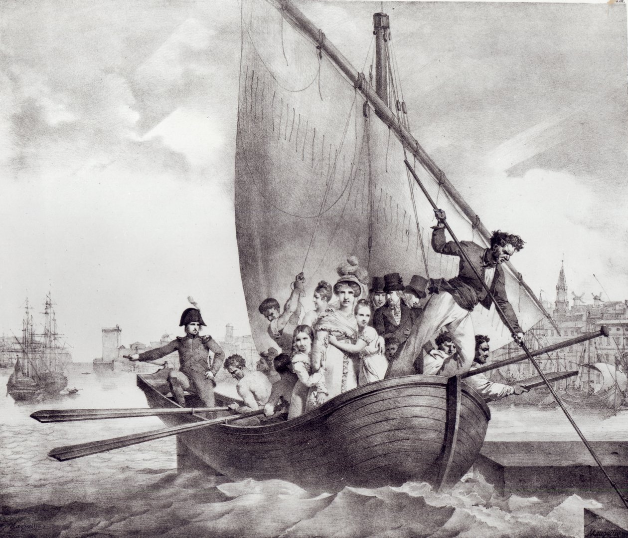 Rodina Bonaparte přijíždějící do Toulonu (Francie), při útěku z Korsiky, 17. června 1793, vyryl Motte, Charles (1785-1836) od Jean Baptiste Mauzaisse