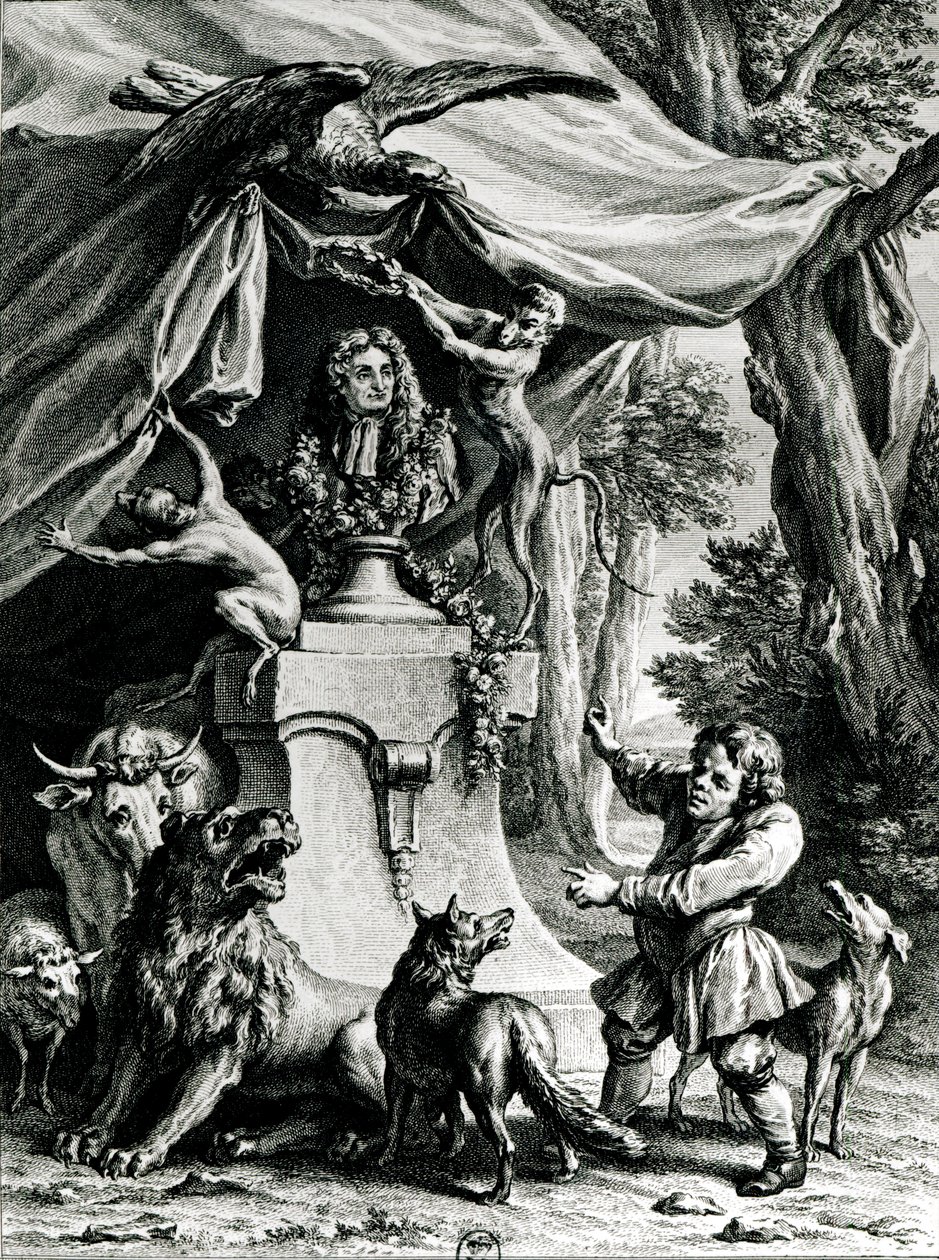 Alegorický portrét Jean de La Fontaine (1621-95) obklopený zvířaty z jeho bajek od Jean Baptiste Oudry