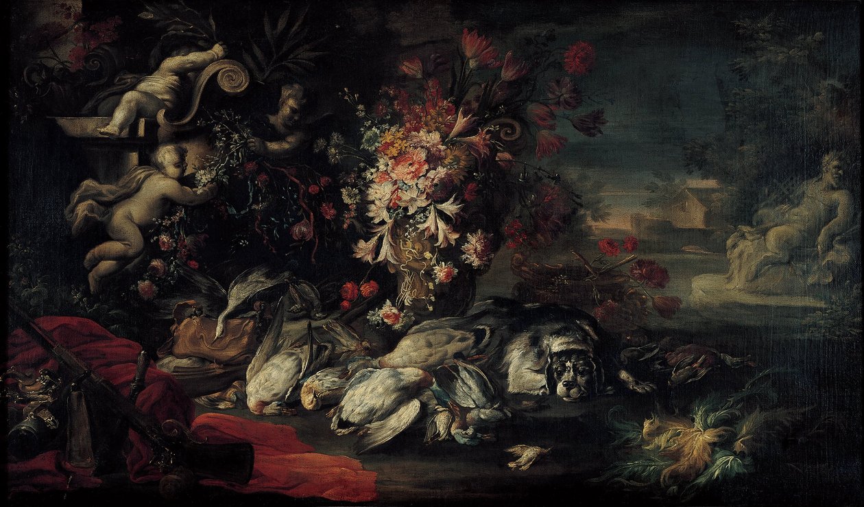 Smrtící příroda se střeleckou výstrojí a květinami II od Jean Baptiste Oudry