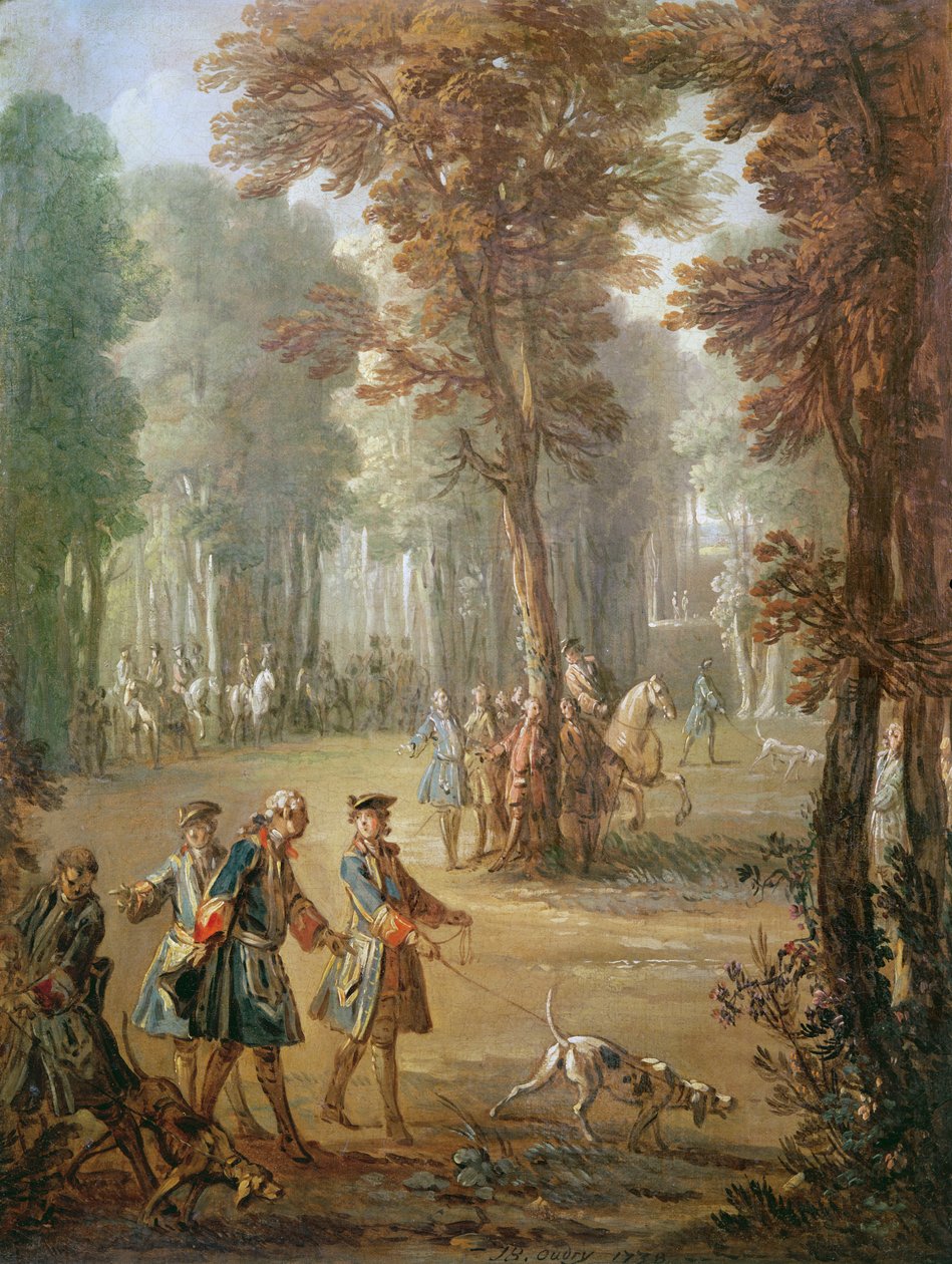 Louis XV (1710-74) a jeho Bloodhound v Puys, karikatura pro gobelín, 1738 (viz také 3328) od Jean Baptiste Oudry