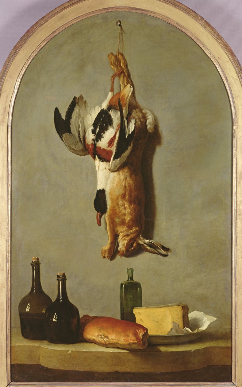 Zátiší (zajíc, kachna, lahve, chléb a sýr), 1742 od Jean Baptiste Oudry