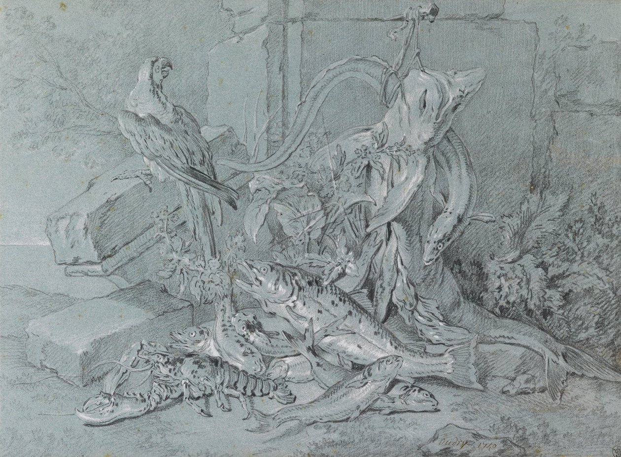 Zátiší s Rybou a Papouškem od Jean Baptiste Oudry