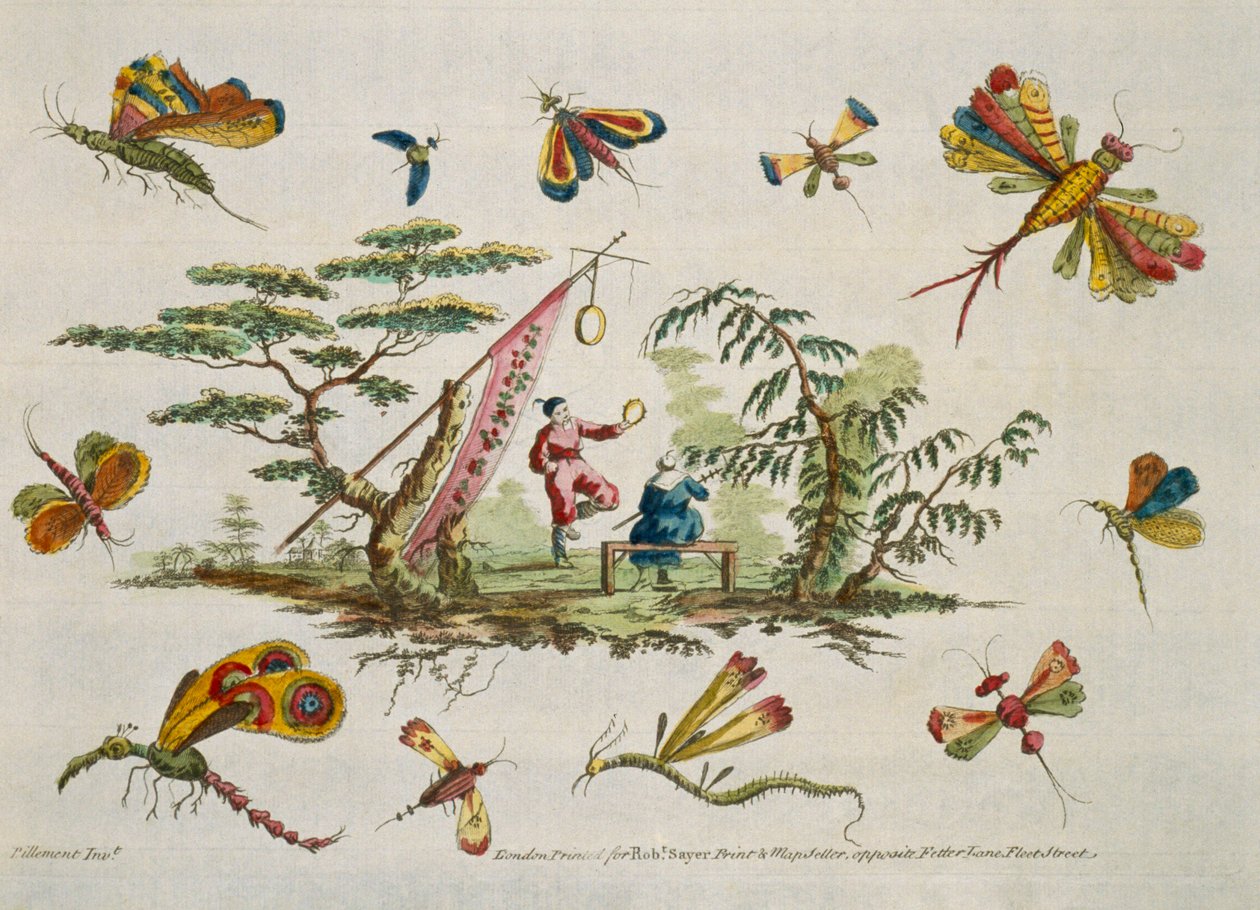 Ilustrace zobrazující motýly a dvě ústřední postavy v japonském oblečení z For Ladies Amusement..Art of Japanning. Pillement, Jean Baptiste (1728-1808) od Jean Baptiste Pillement